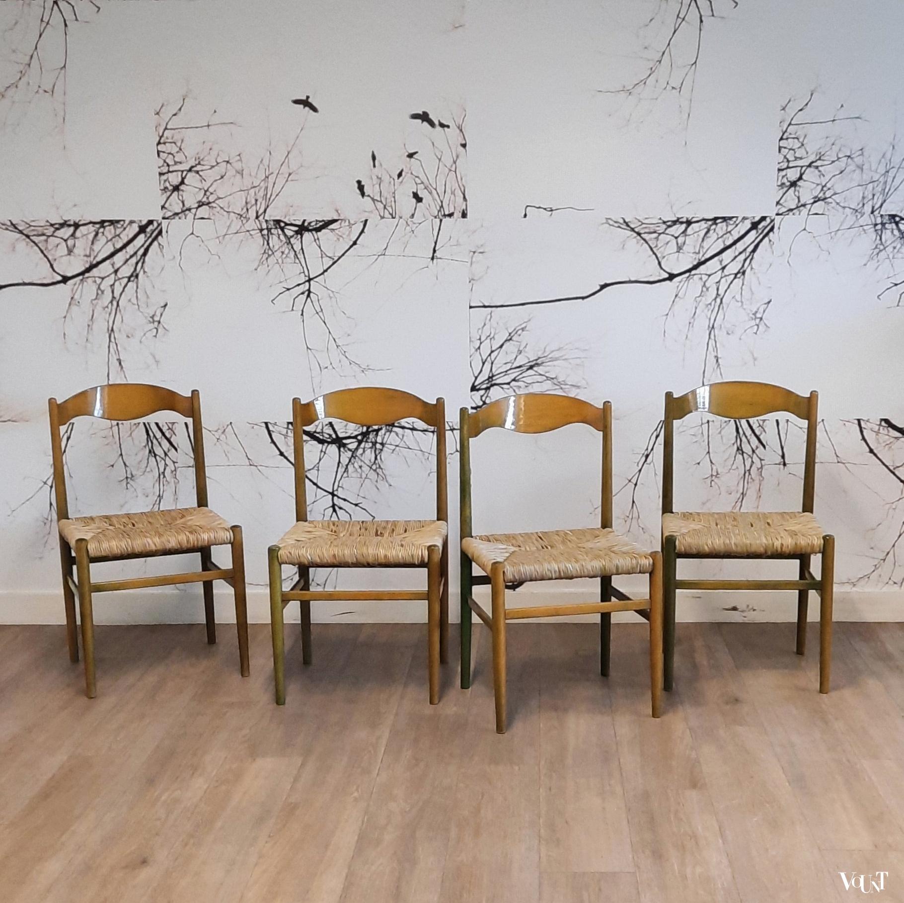 Set van 4 groene houten eettafelstoelen met biezen bekleding, jaren '60/'70