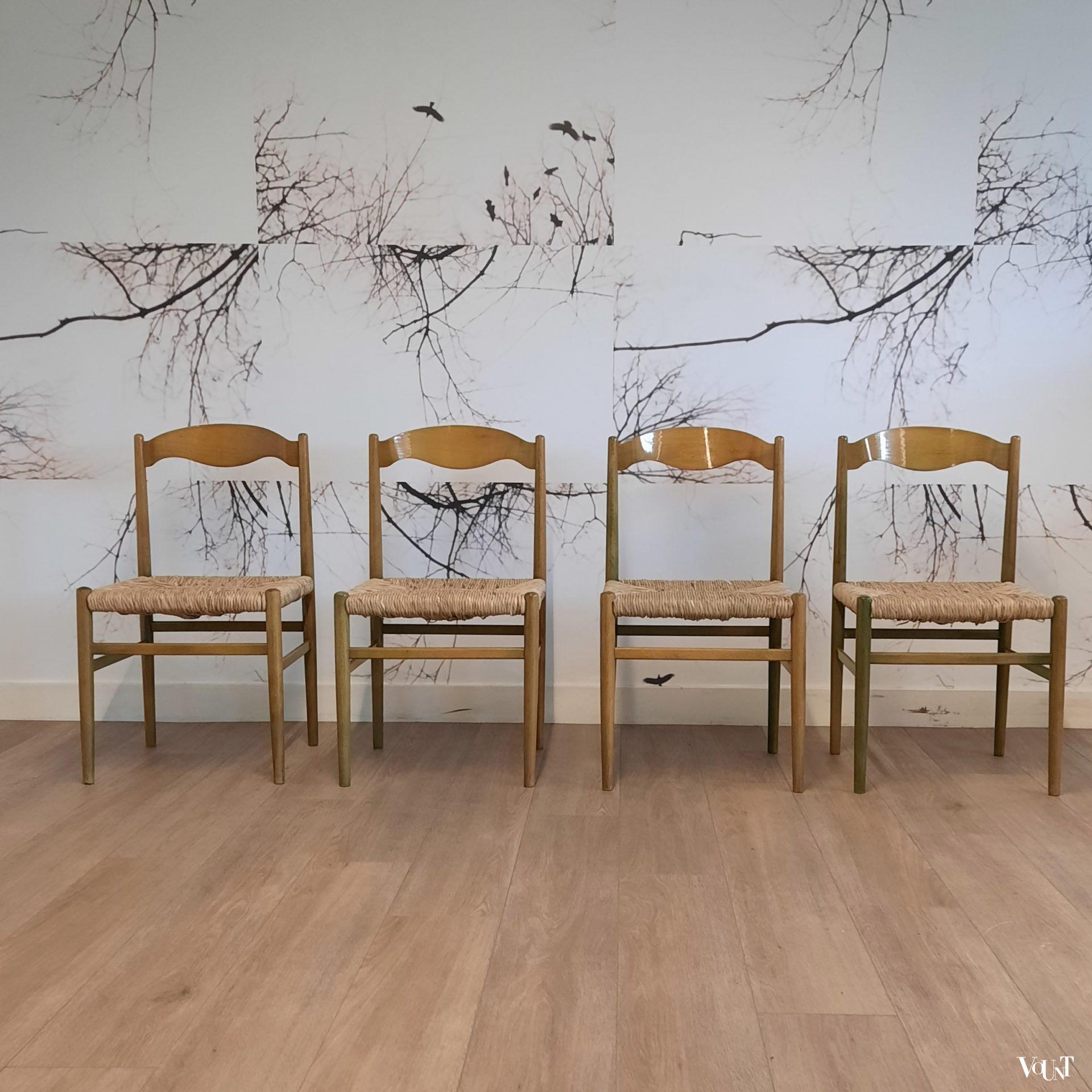 Set van 4 groene houten eettafelstoelen met biezen bekleding, jaren '60/'70