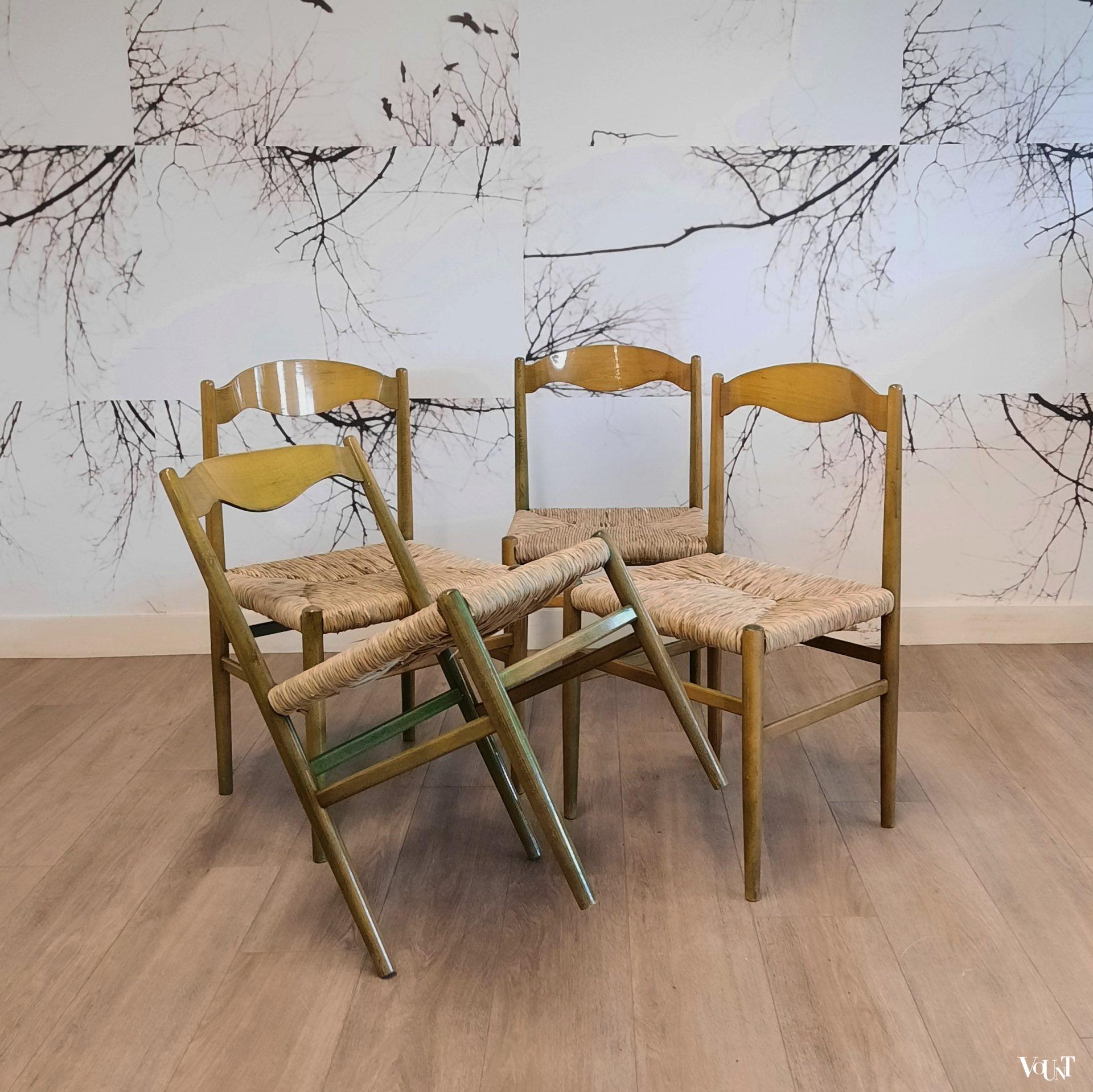 Set van 4 groene houten eettafelstoelen met biezen bekleding, jaren '60/'70