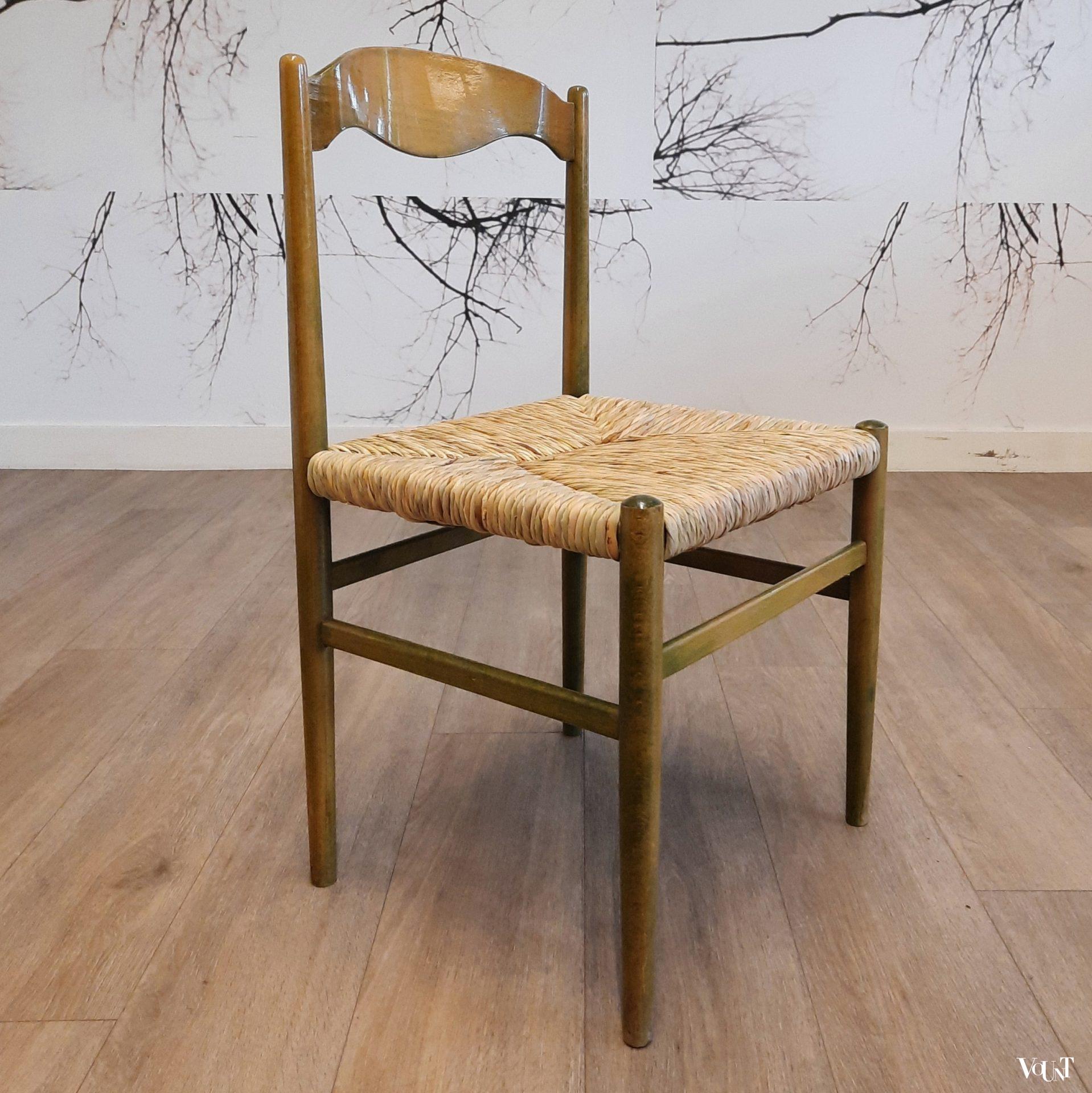 Set van 4 groene houten eettafelstoelen met biezen bekleding, jaren '60/'70