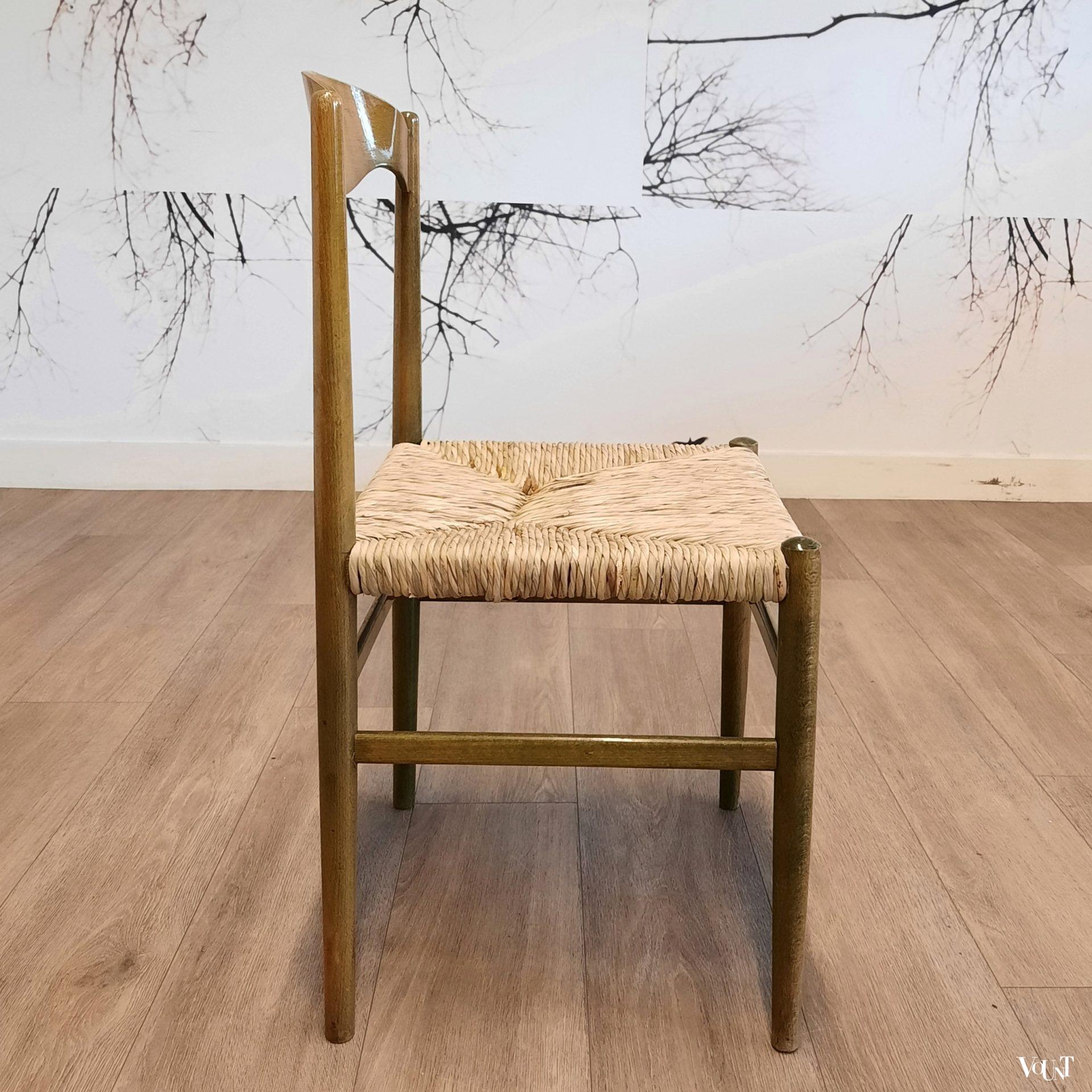 Set van 4 groene houten eettafelstoelen met biezen bekleding, jaren '60/'70