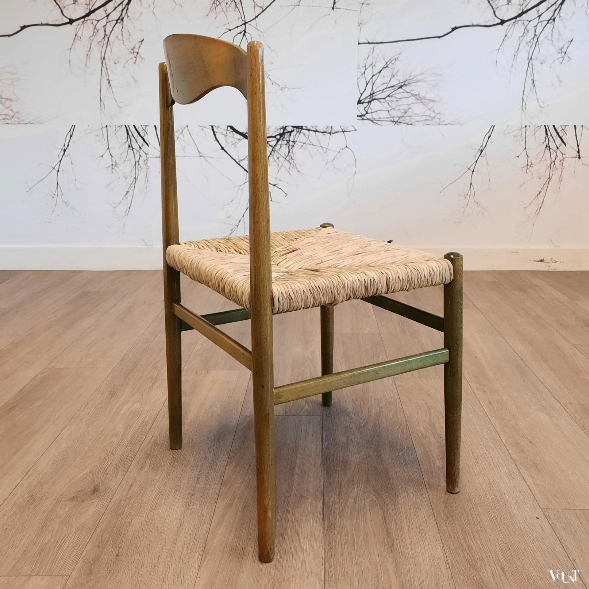 Set van 4 groene houten eettafelstoelen met biezen bekleding, jaren '60/'70