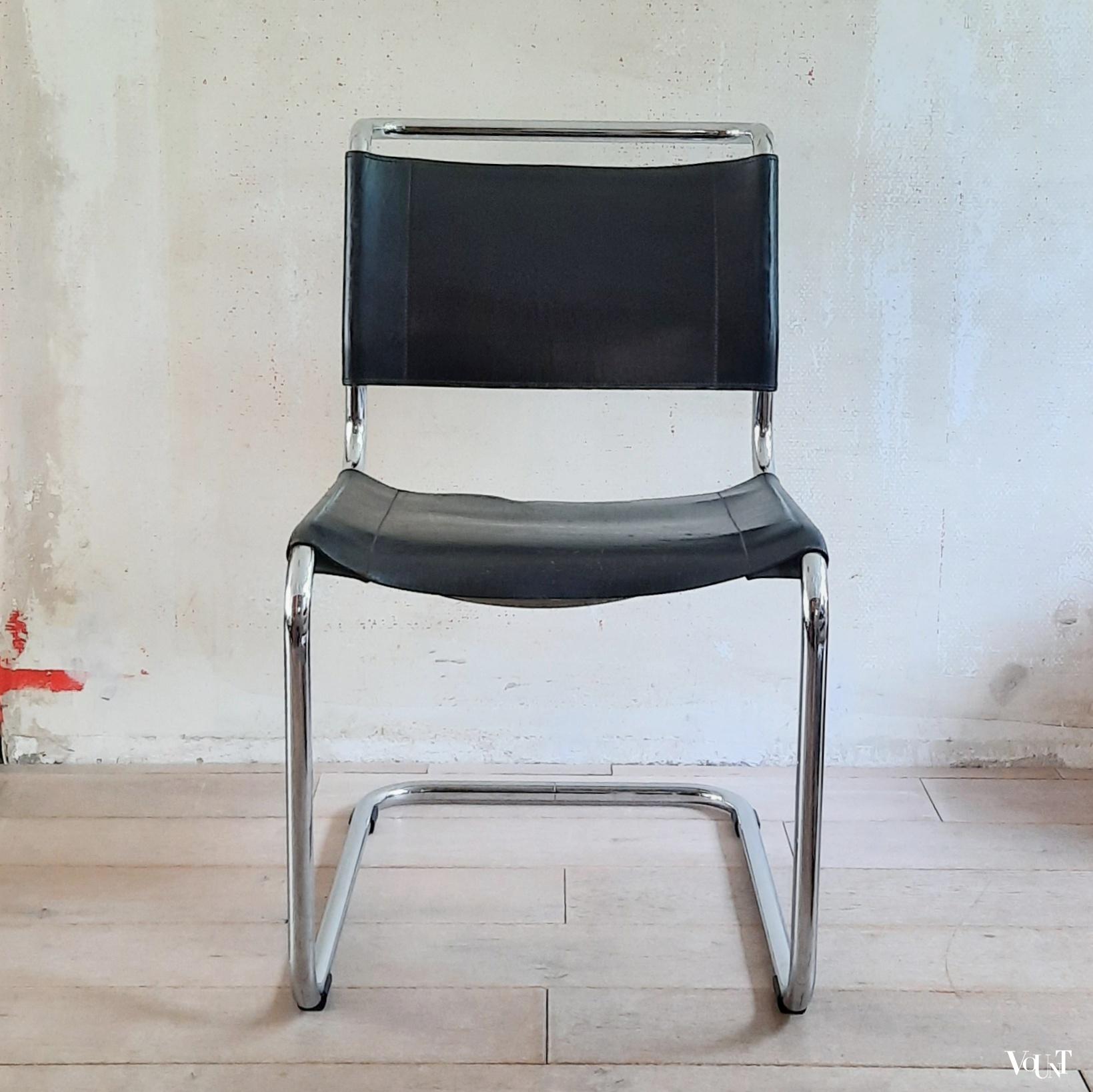S33 buisframestoel met zwarte leren bekleding, Mart Stam voor Thonet, jaren '80