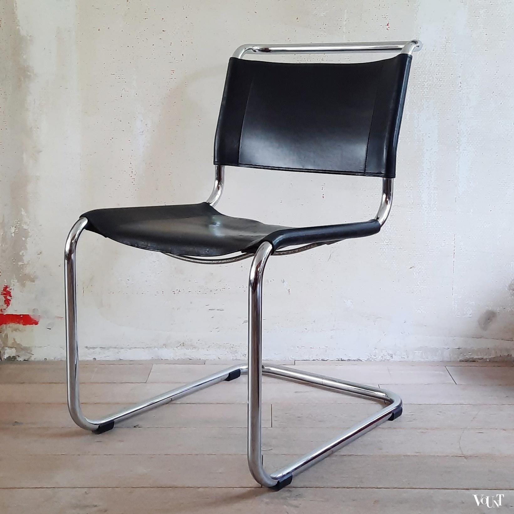 S33 buisframestoel met zwarte leren bekleding, Mart Stam voor Thonet, jaren '80