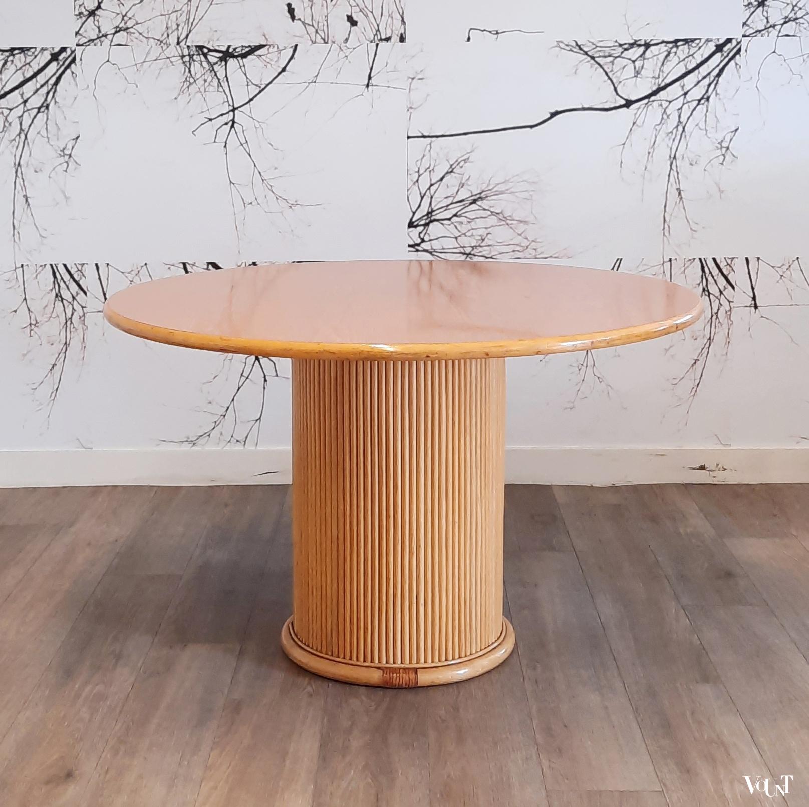 Ronde eettafel rotan en hout, jaren '80