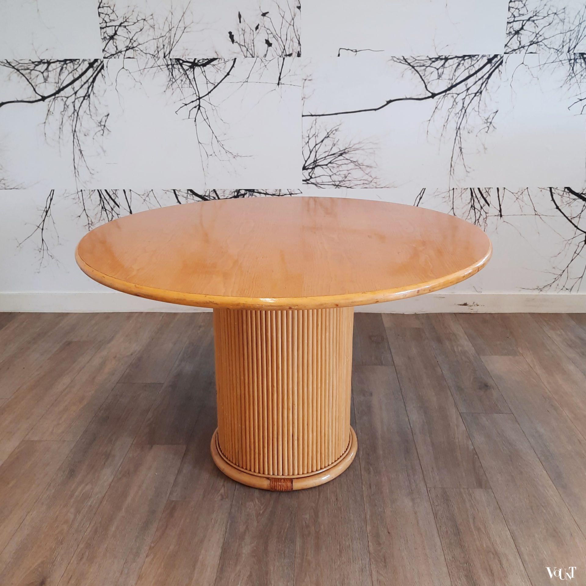 Ronde eettafel rotan en hout, jaren '80
