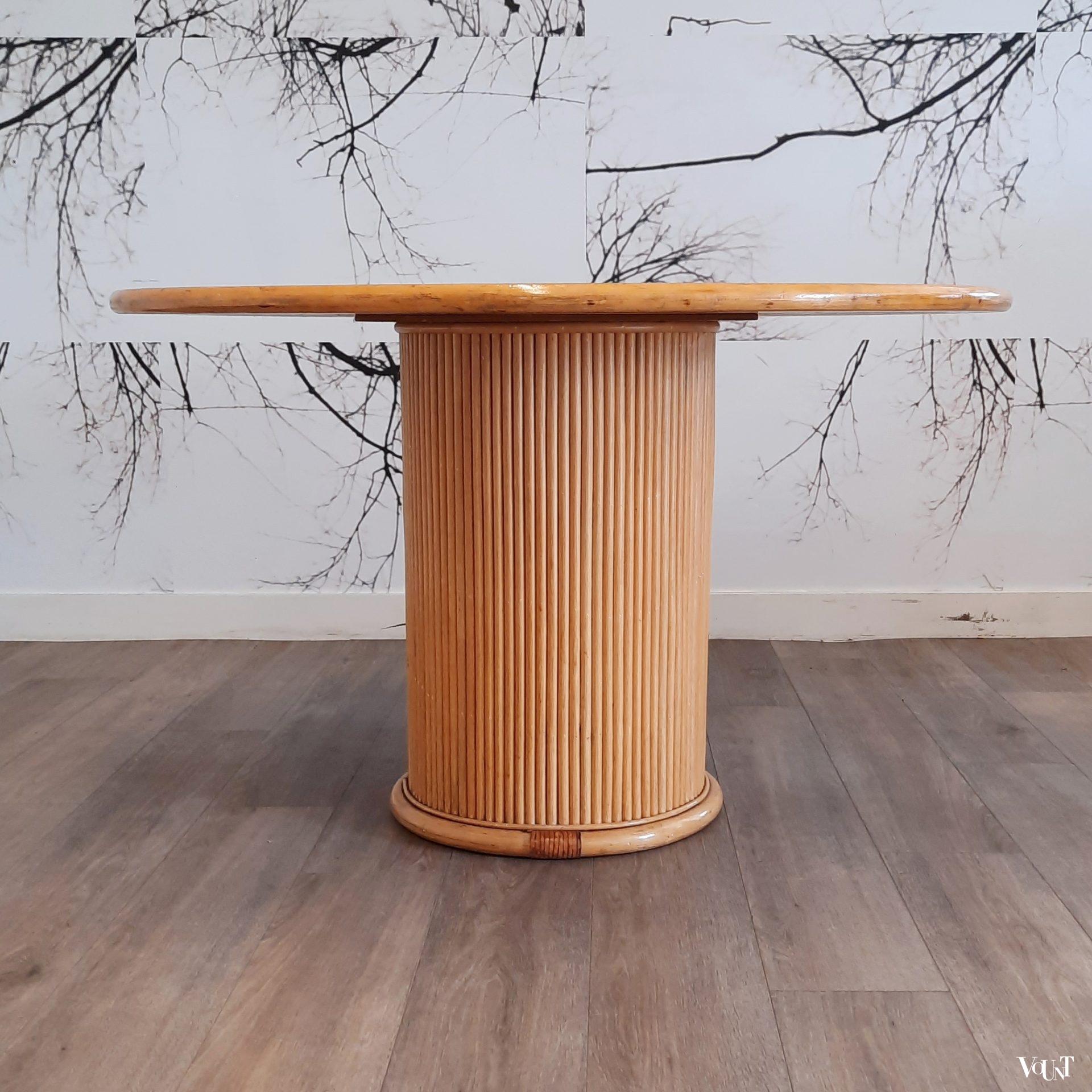 Ronde eettafel rotan en hout, jaren '80