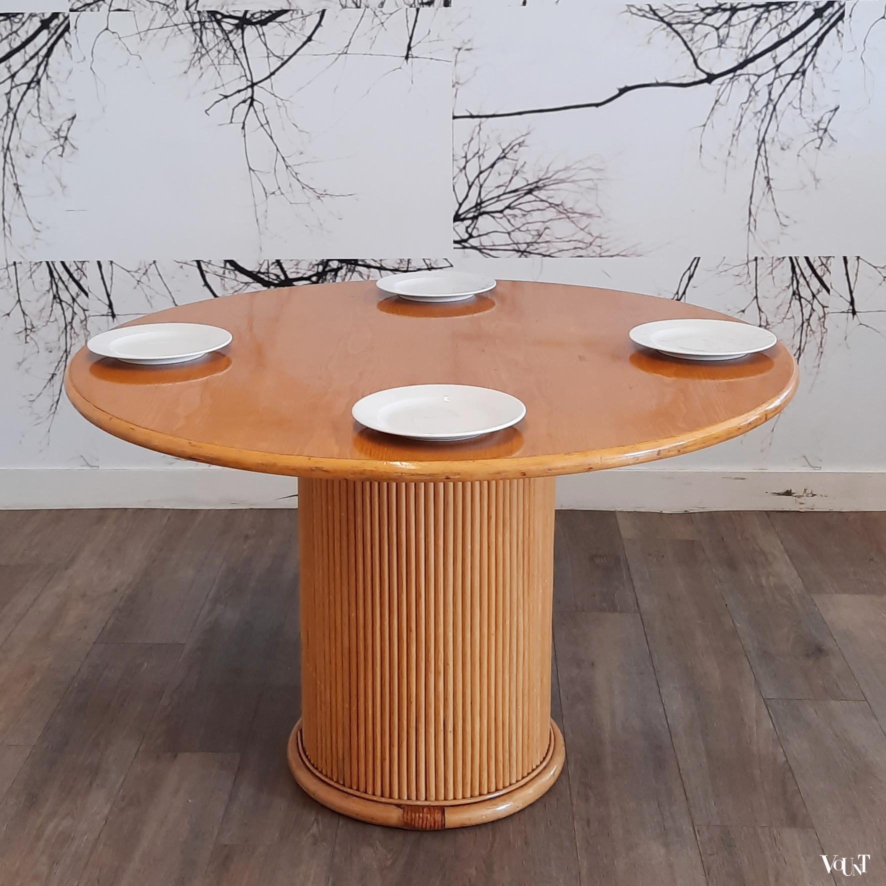Ronde eettafel rotan en hout, jaren '80