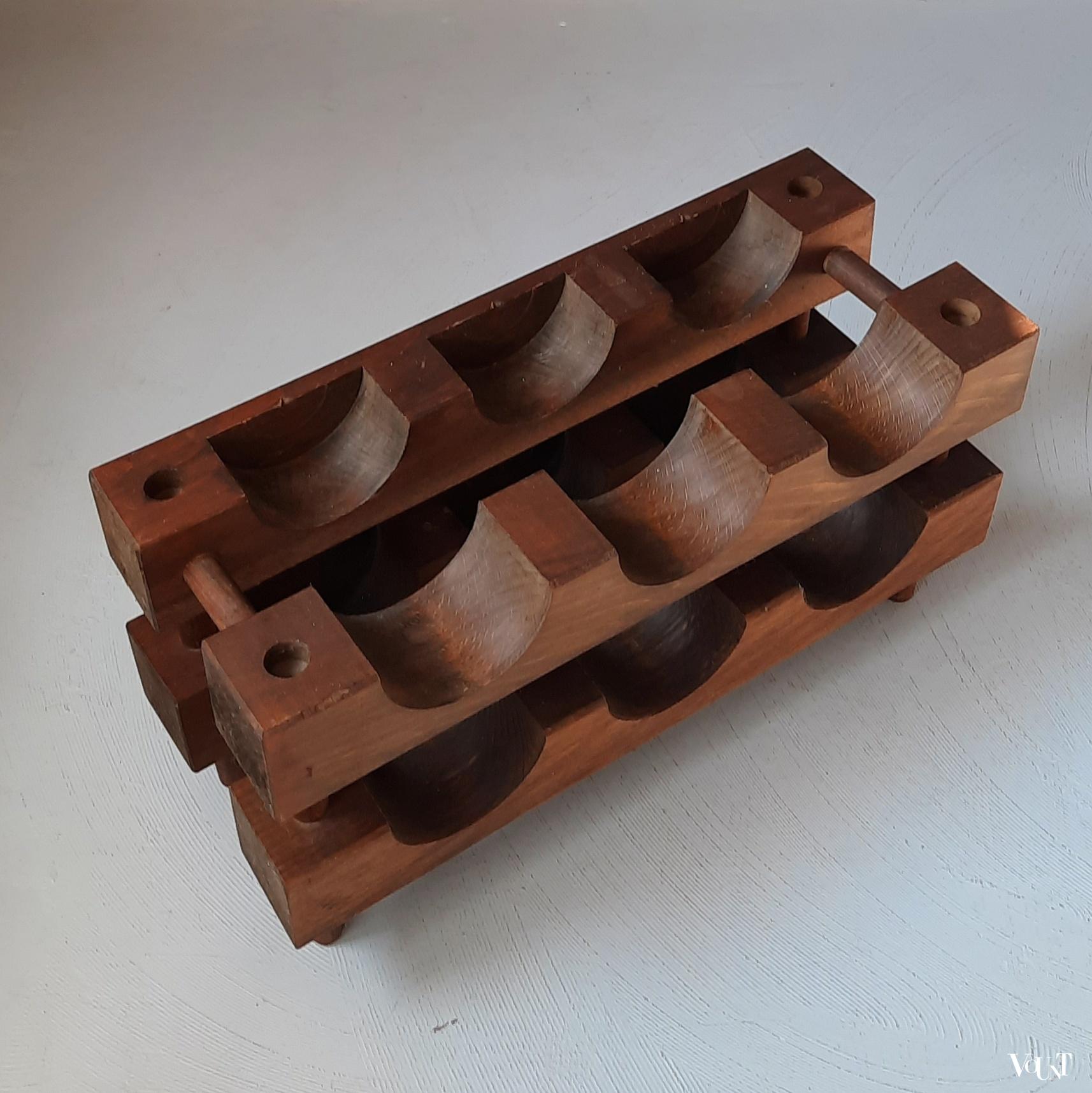 Brutalist houten wijnrek 6 flessen, jaren '60/'70