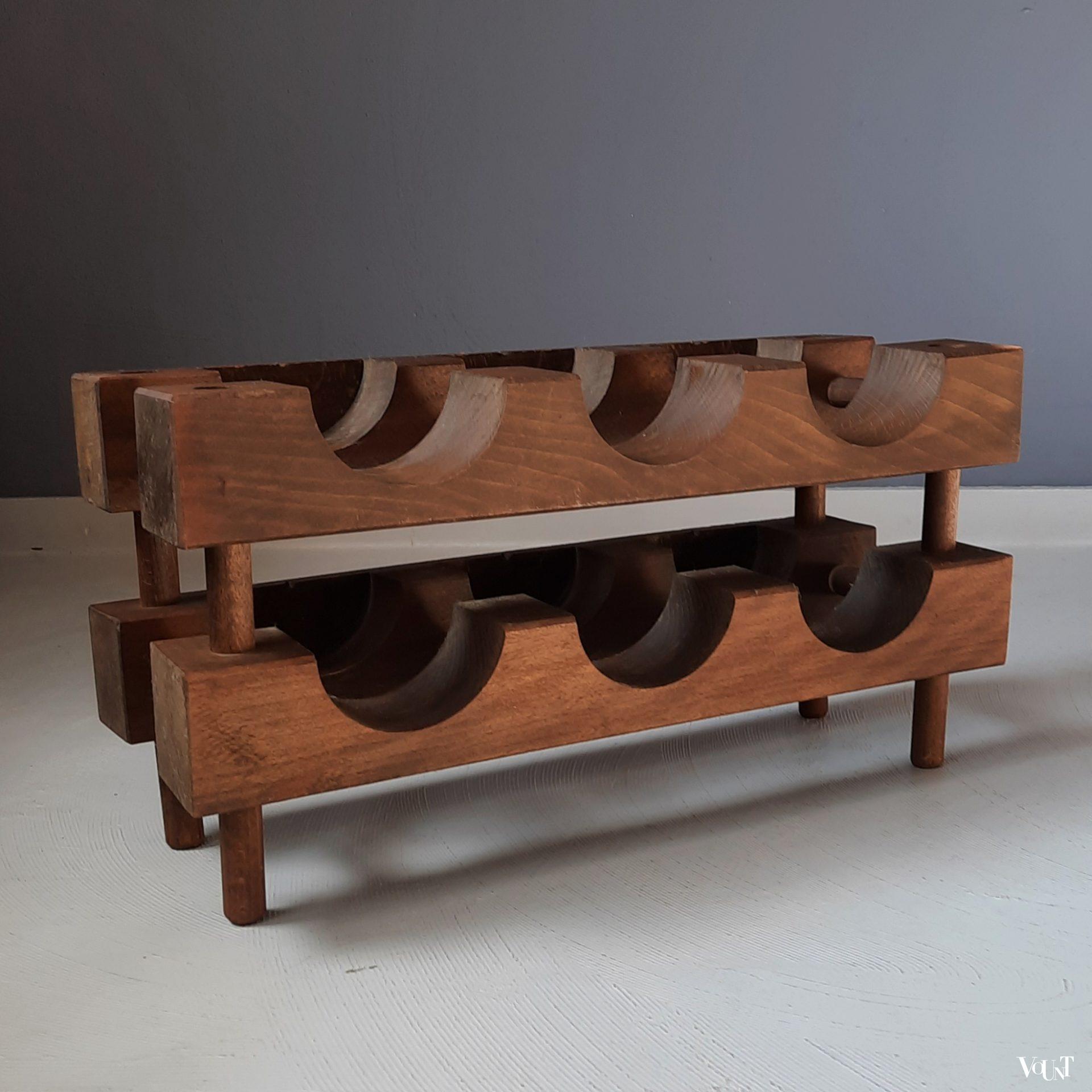 Brutalist houten wijnrek 6 flessen, jaren '60/'70