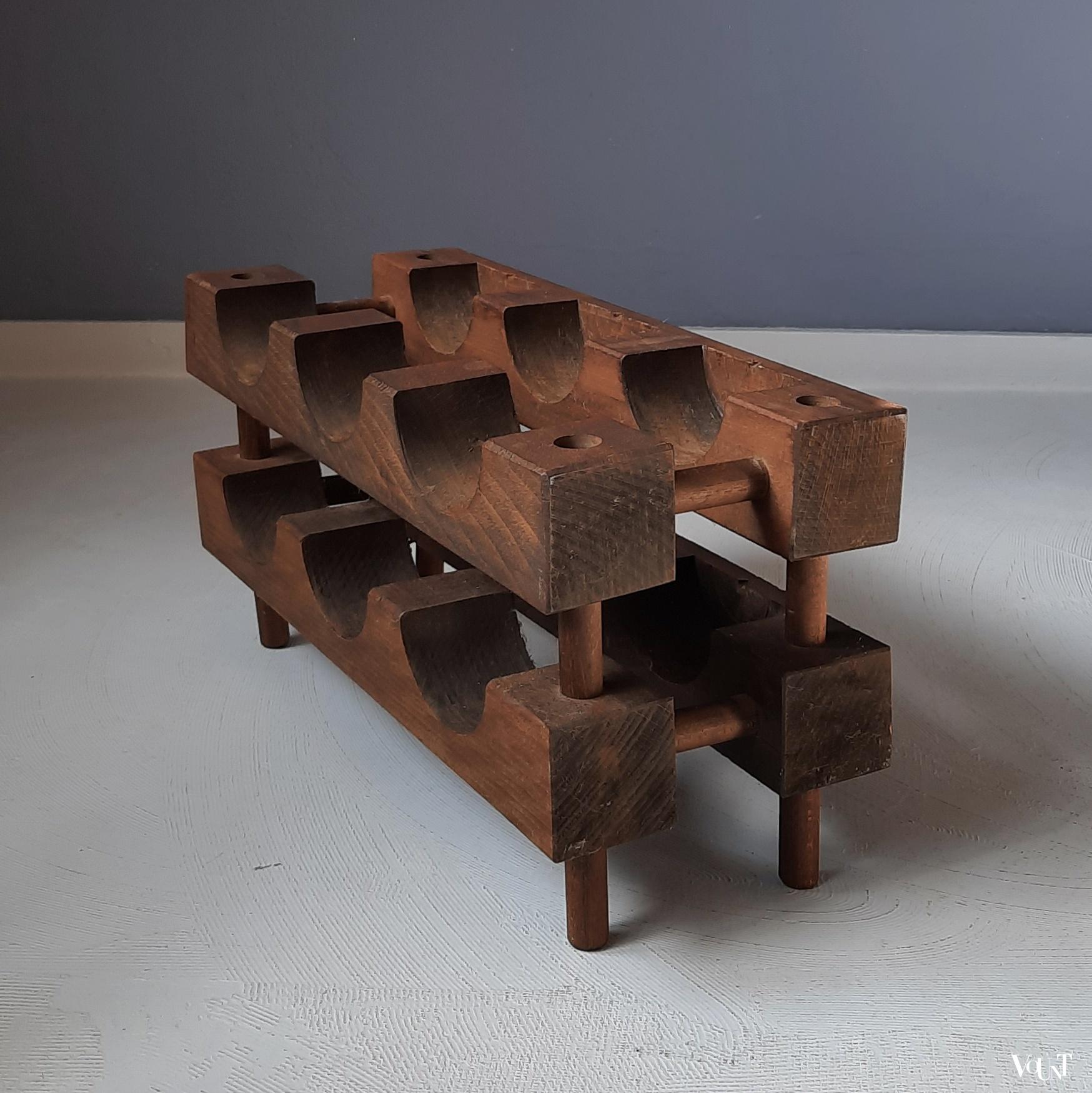 Brutalist houten wijnrek 6 flessen, jaren '60/'70