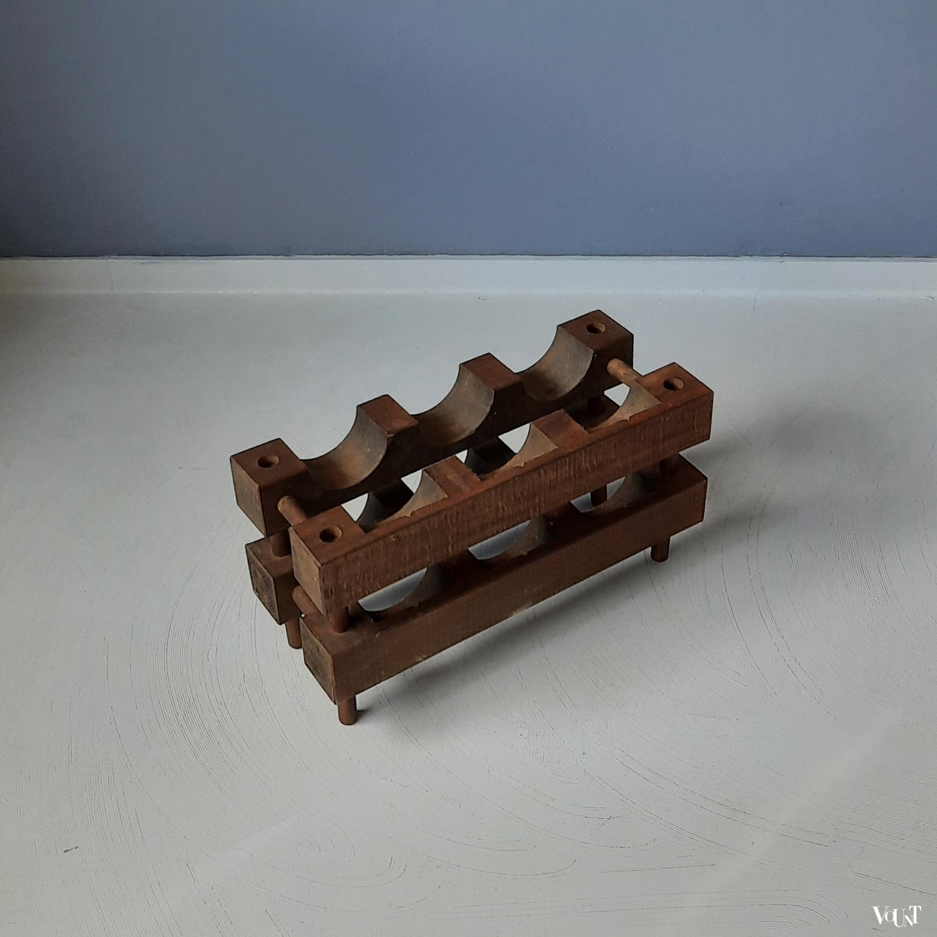 Brutalist houten wijnrek 6 flessen, jaren '60/'70