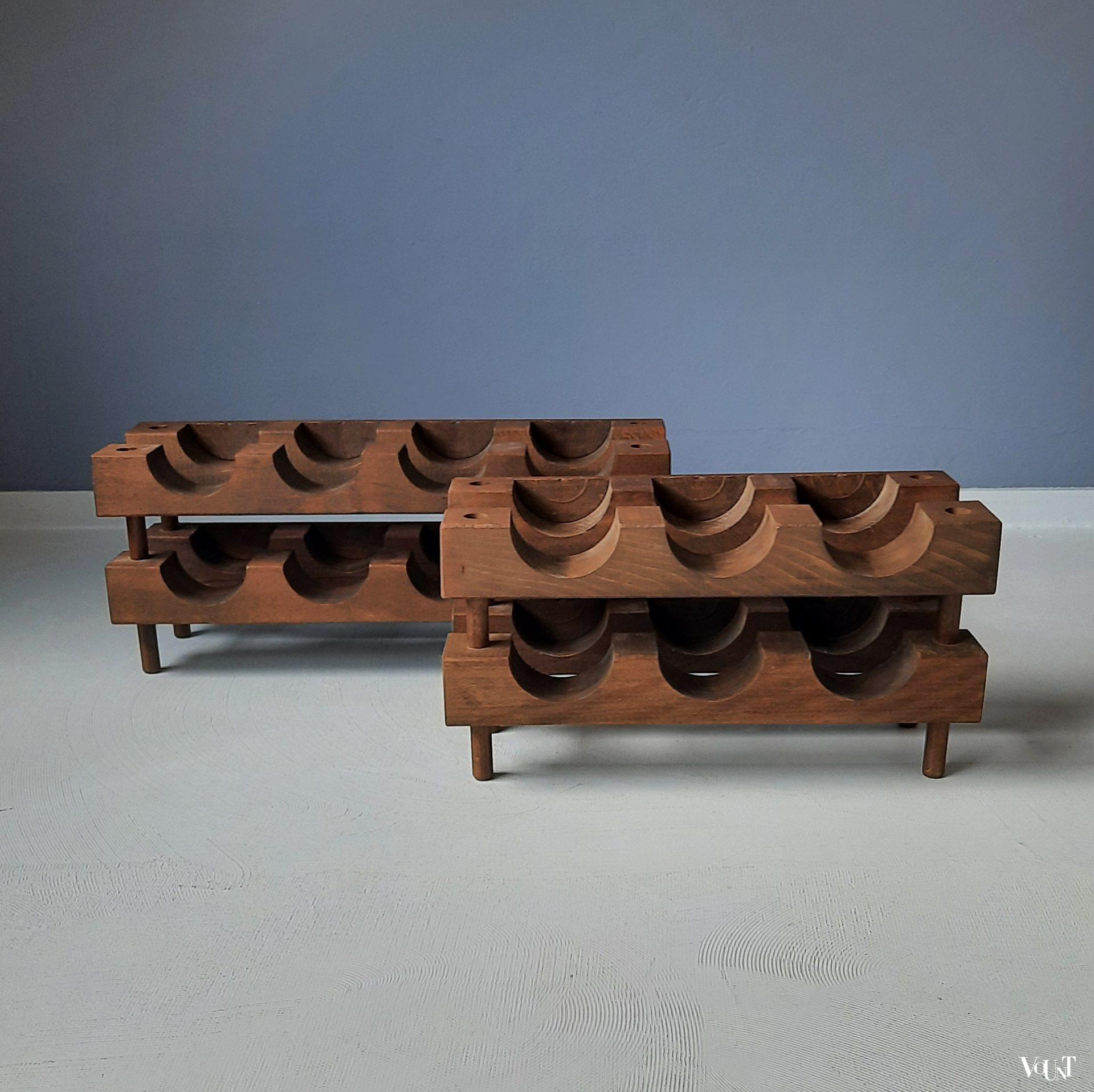 Brutalist houten wijnrek 6 flessen, jaren '60/'70