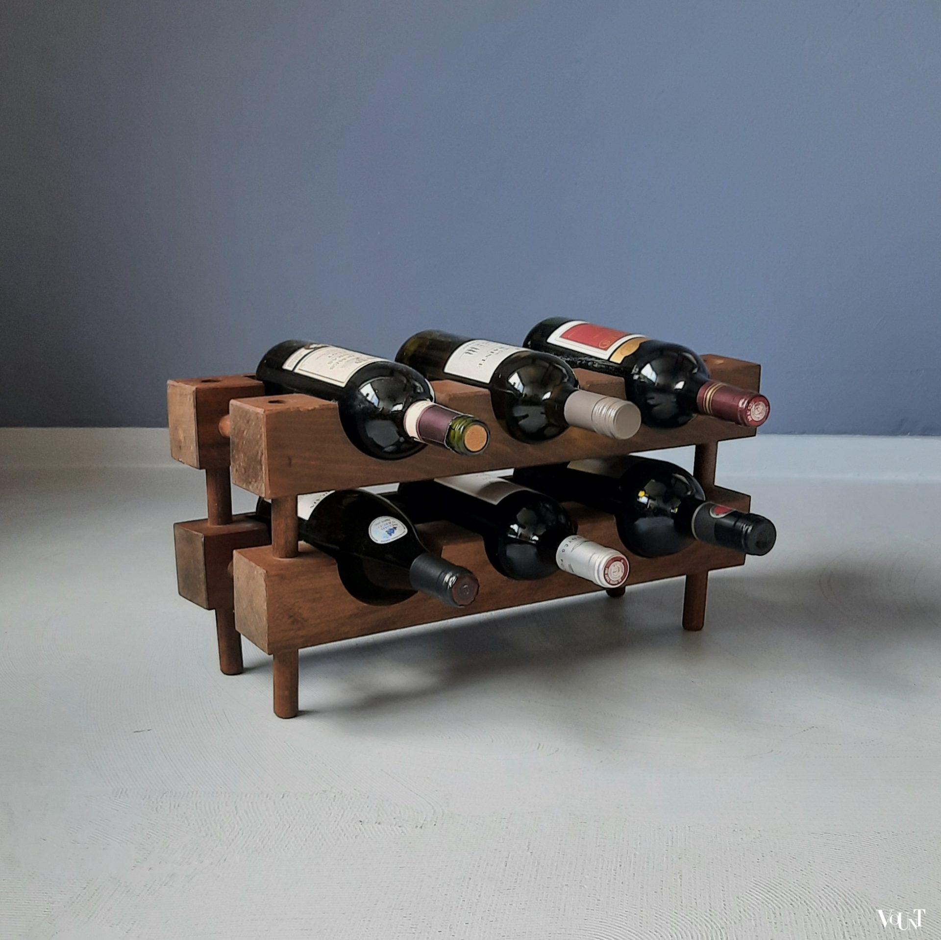 Brutalist houten wijnrek 6 flessen, jaren '60/'70