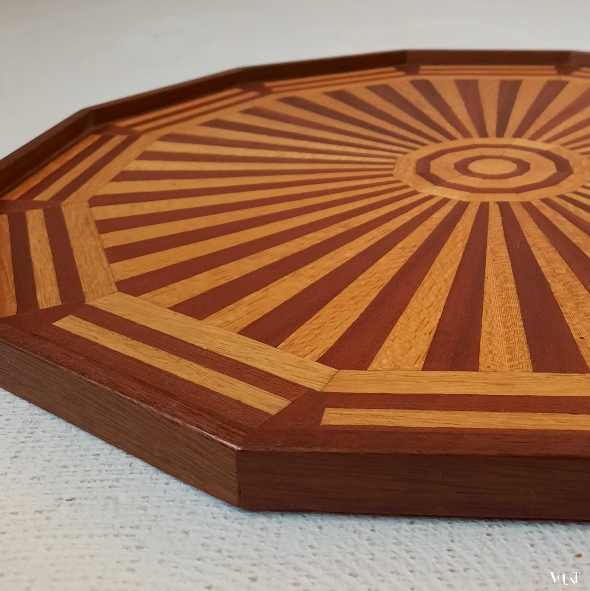 Octogonaal marqueterie dienblad, art deco-stijl, jaren '70