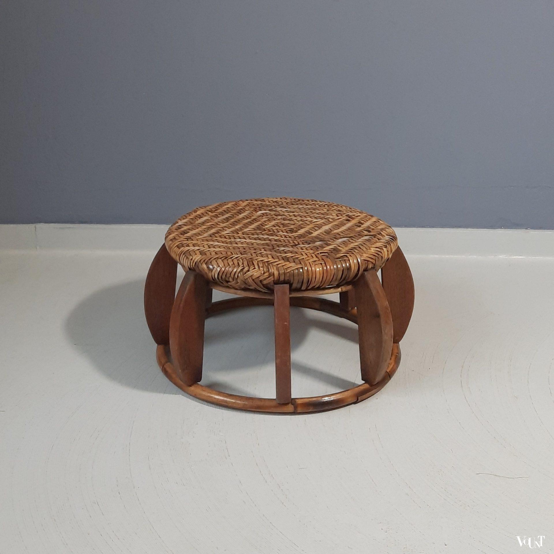 Vintage Aziatische lage kruk, hout en rotan