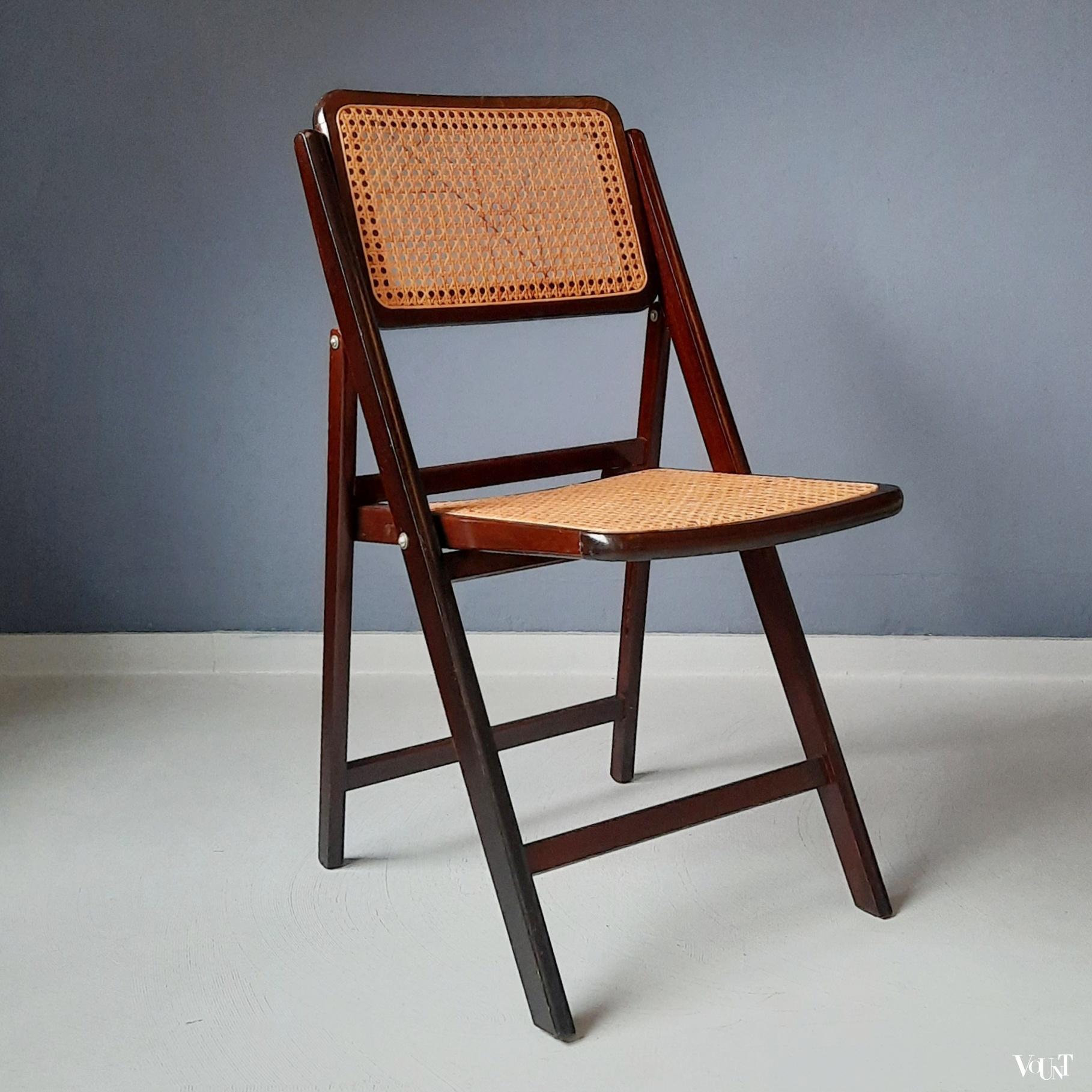 Vintage klapstoel met rotan in zitting en rugleuning, jaren '70/'80