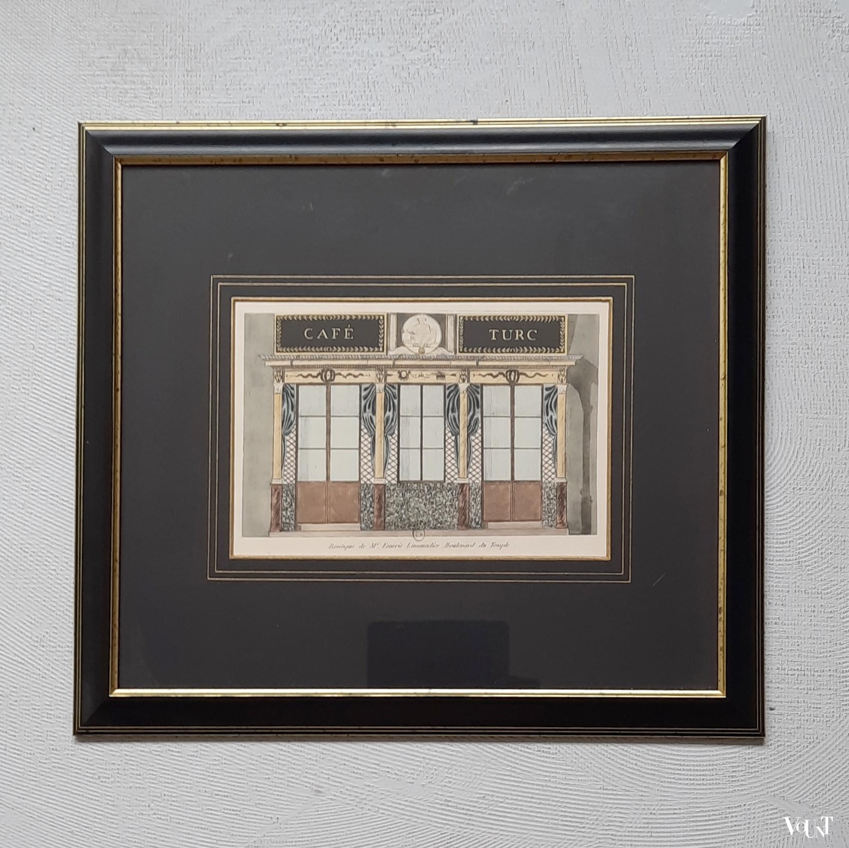 Set van 2 ingelijste litho's winkelfaçades Parijs rond 1800, uitgave 1925