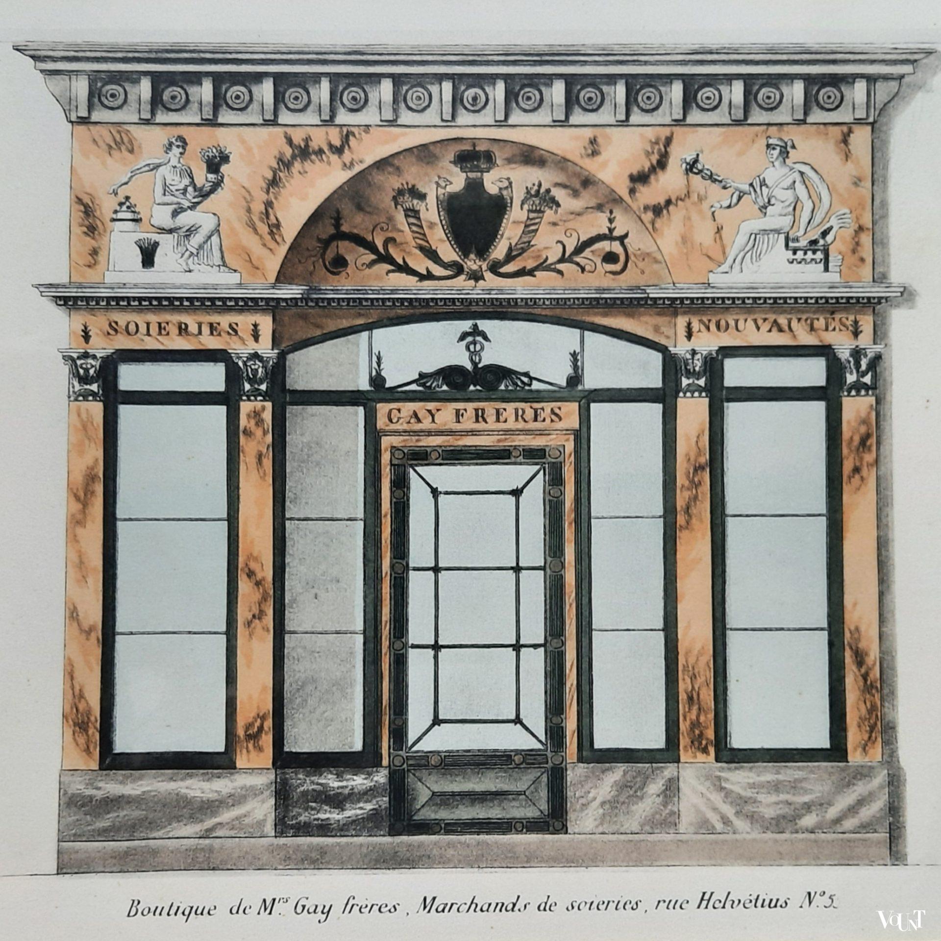 Set van 2 ingelijste litho's winkelfaçades Parijs rond 1800, uitgave 1925