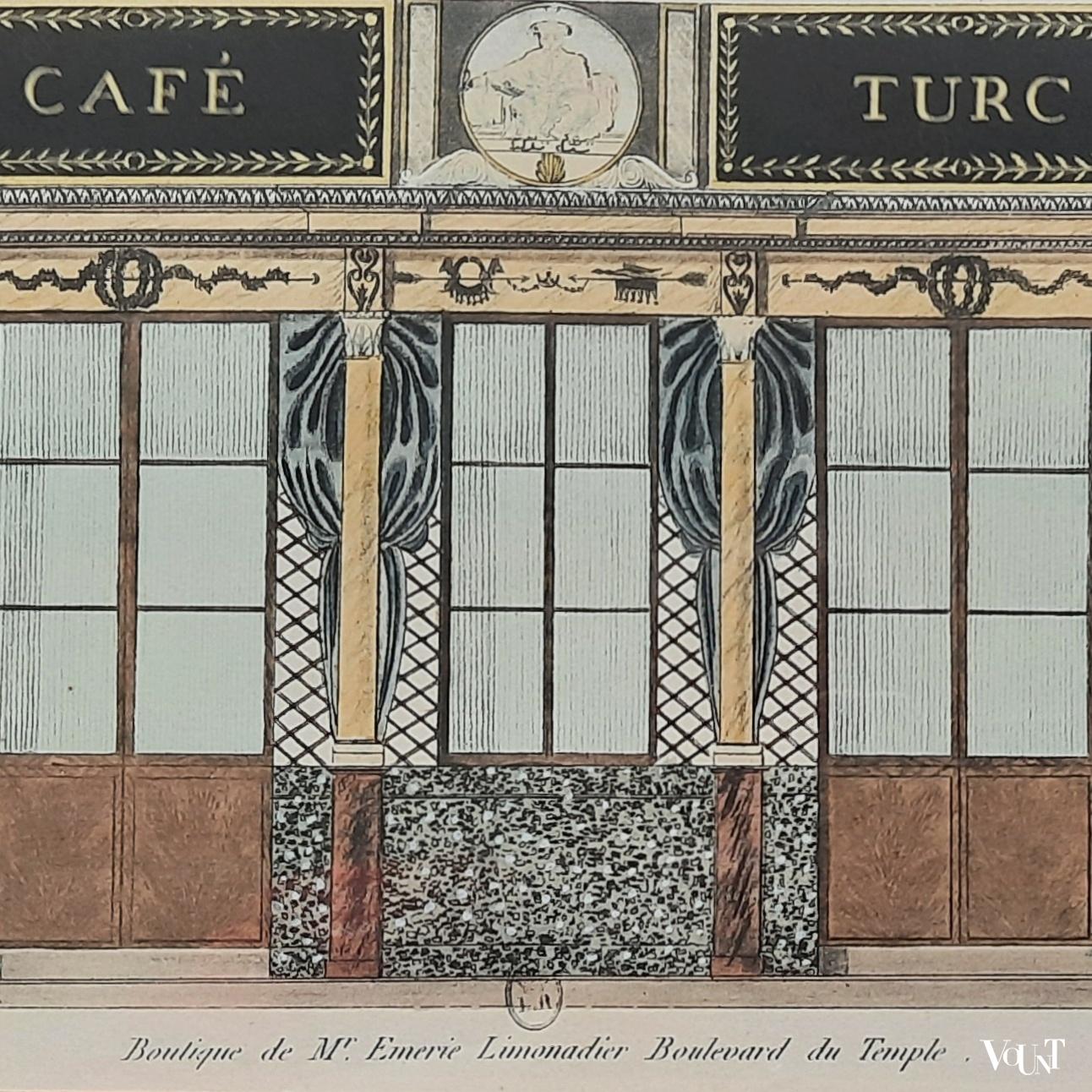 Set van 2 ingelijste litho's winkelfaçades Parijs rond 1800, uitgave 1925