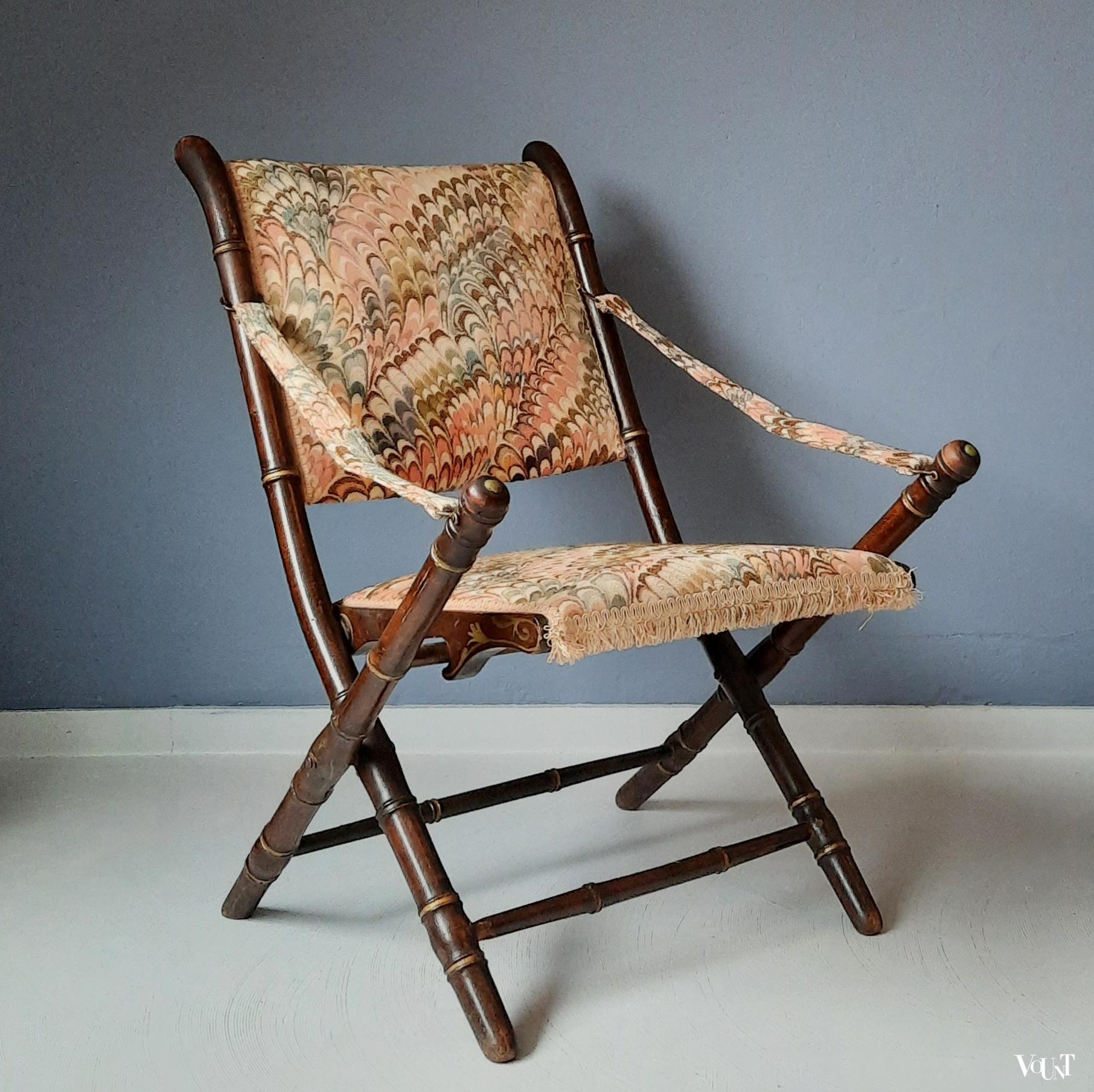 Antieke faux bamboo campaign stoel, rond 1900