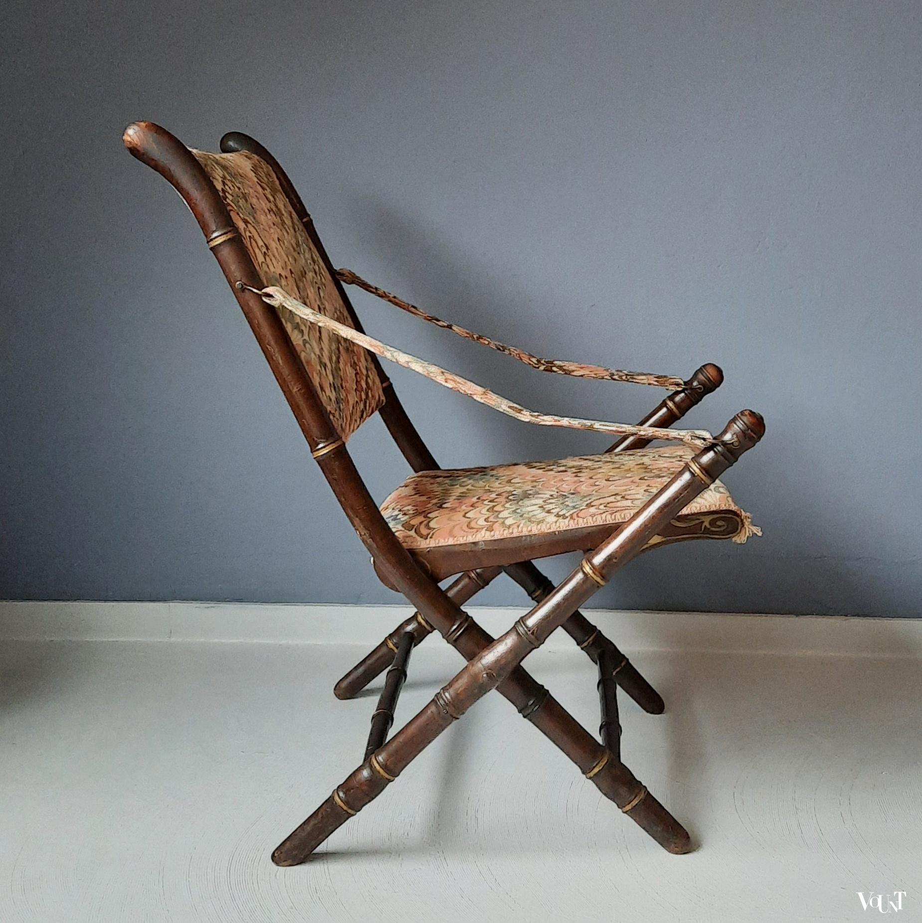 Antieke faux bamboo campaign stoel, rond 1900