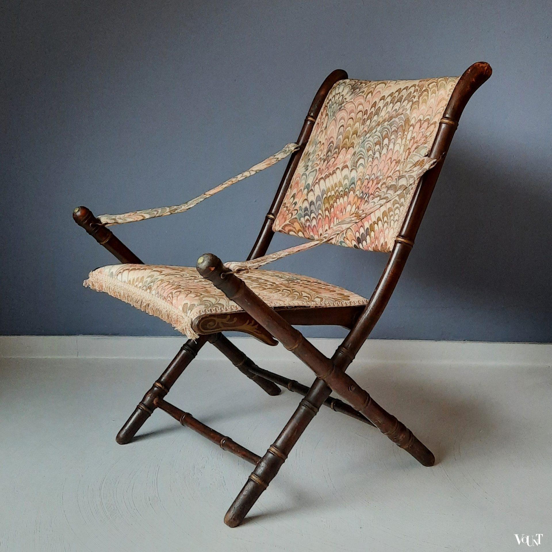 Antieke faux bamboo campaign stoel, rond 1900