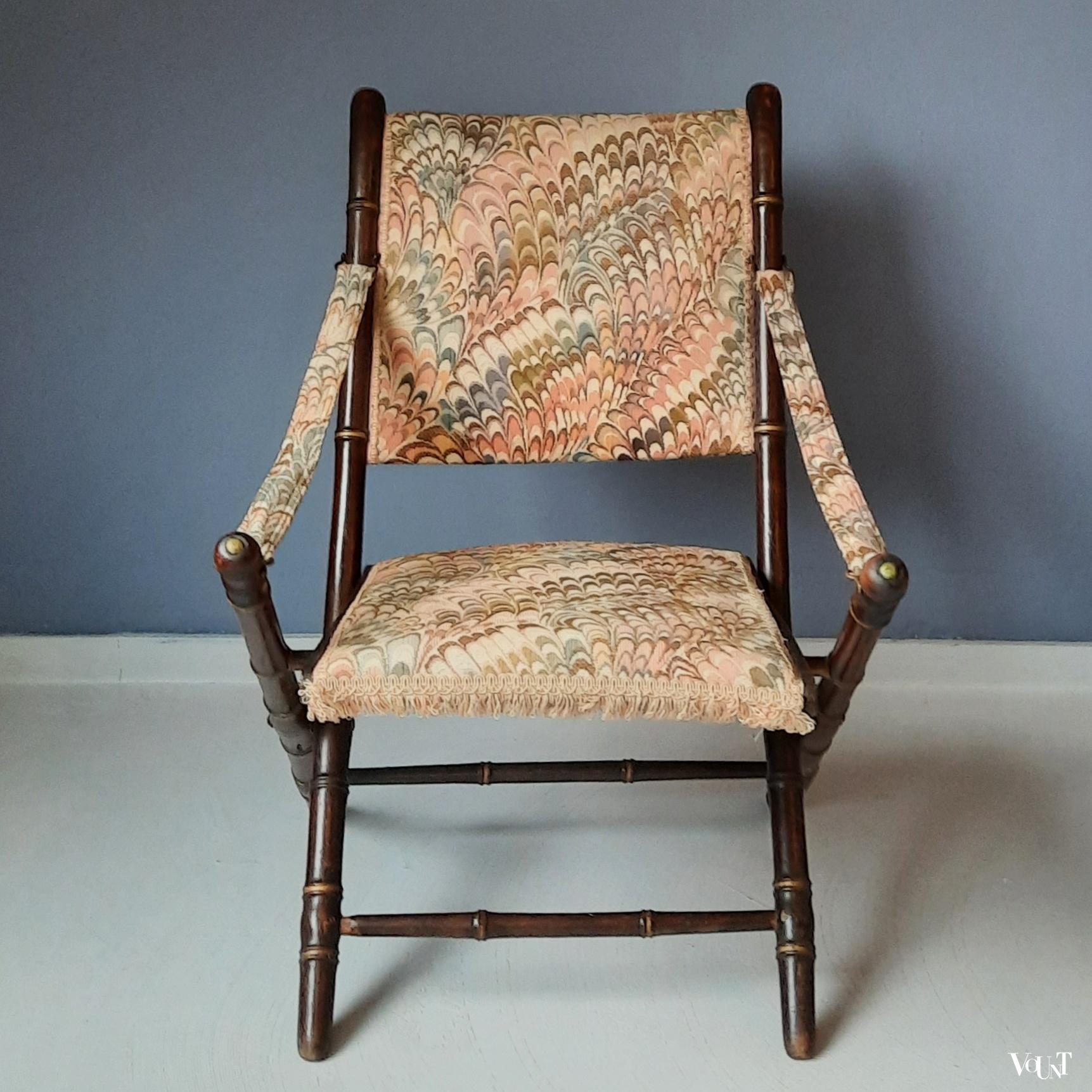 Antieke faux bamboo campaign stoel, rond 1900