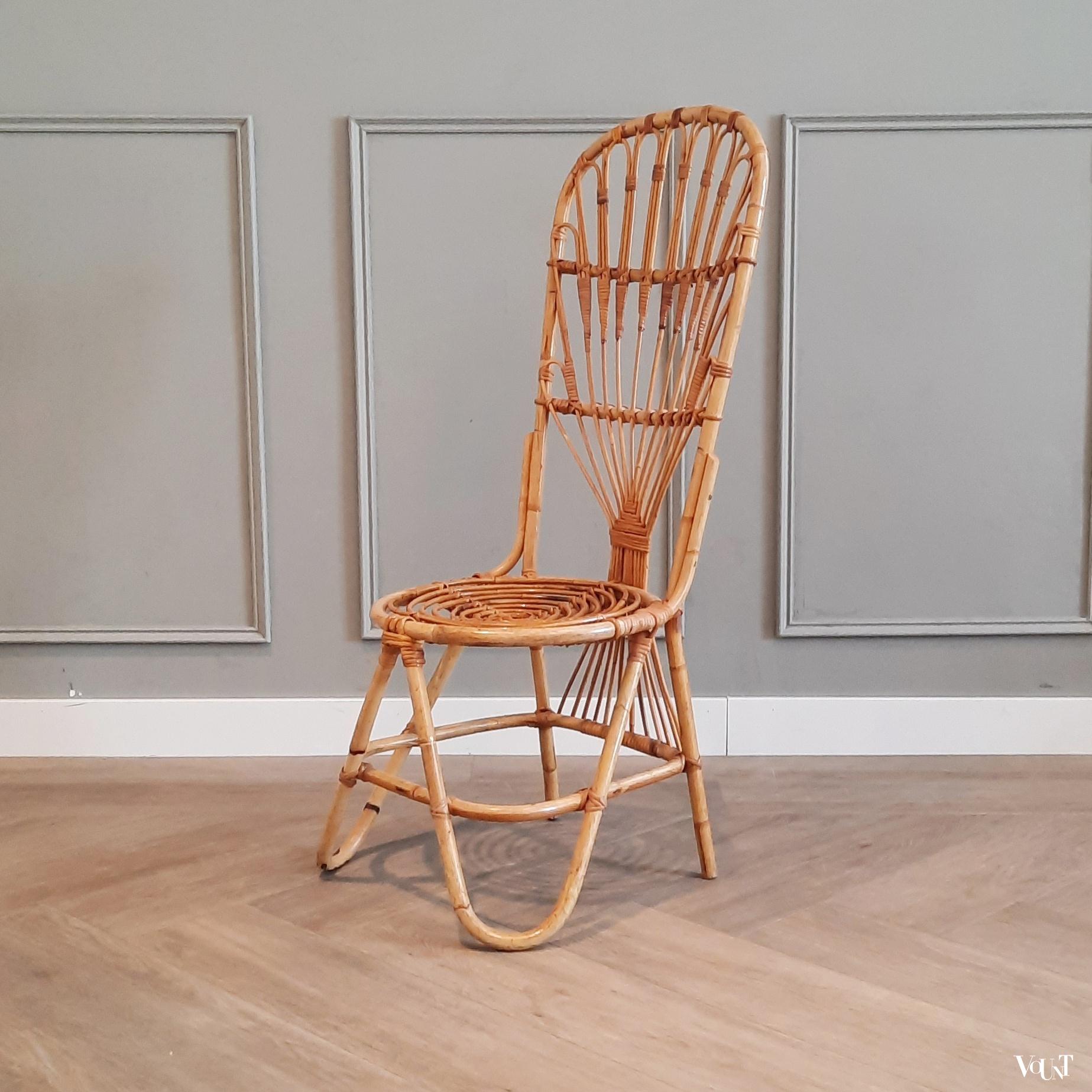 Rotan mid-century stoel met hoge rug, jaren '60/'70