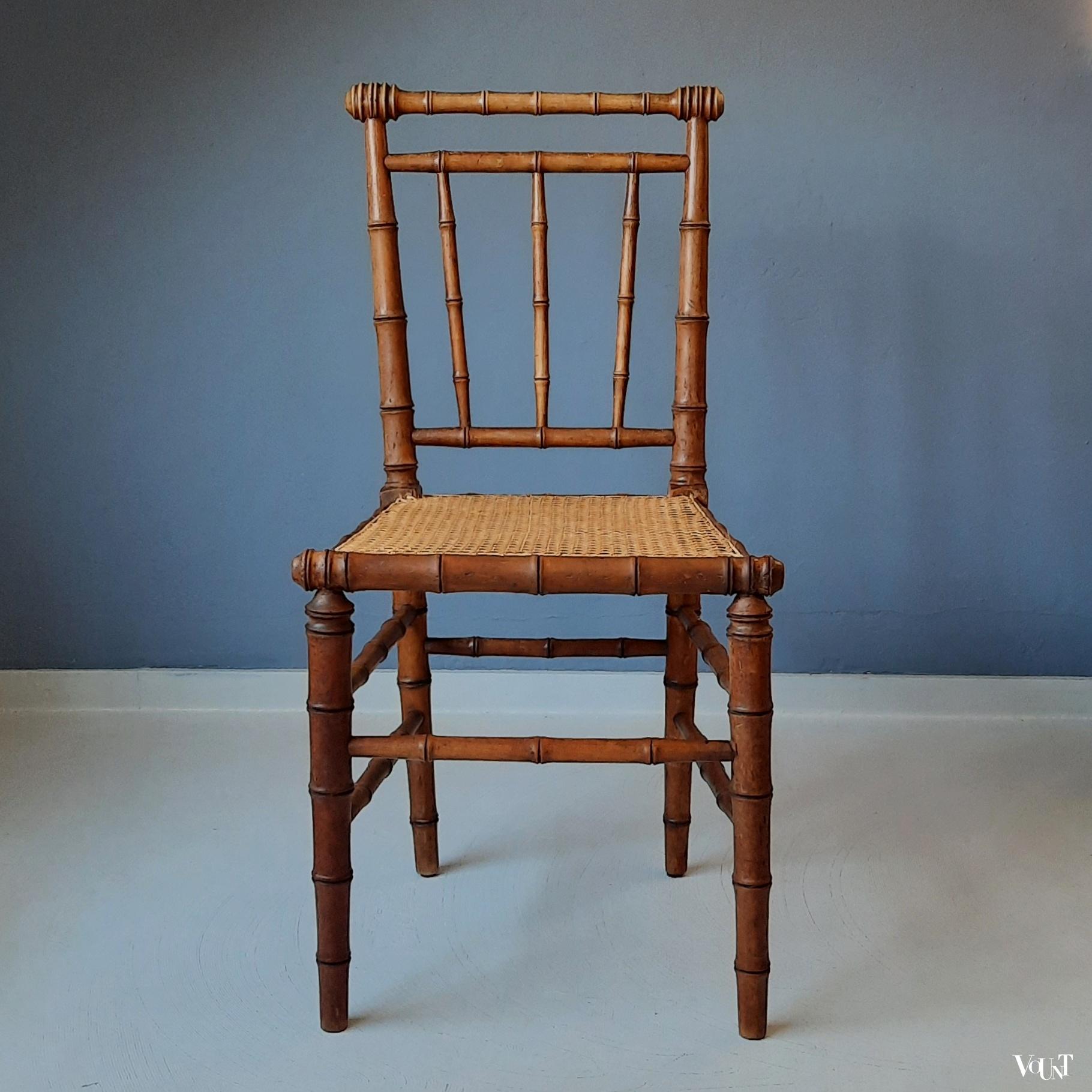 Frans faux bamboo stoeltje met rotan zitting, rond 1900