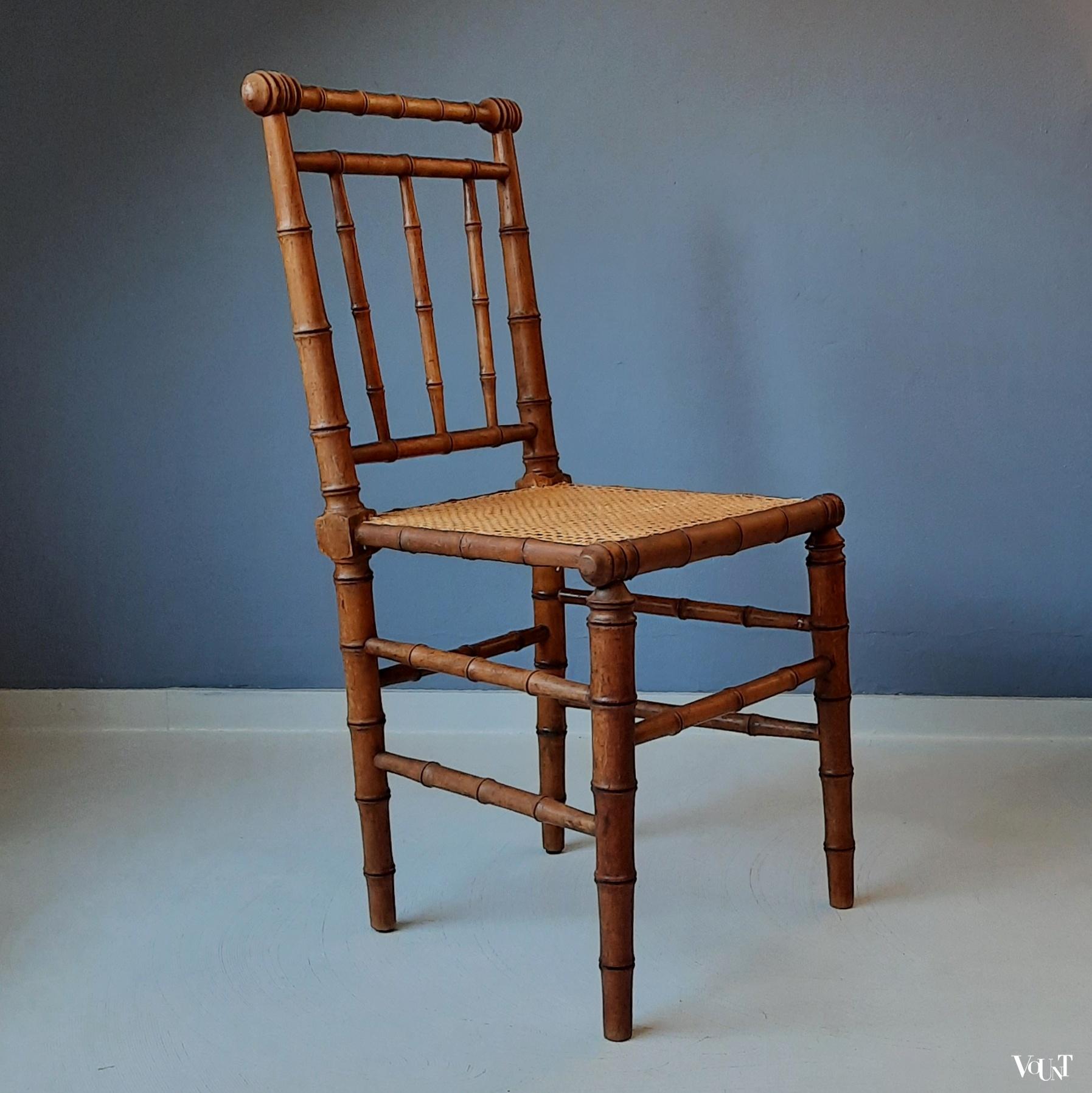 Frans faux bamboo stoeltje met rotan zitting, rond 1900