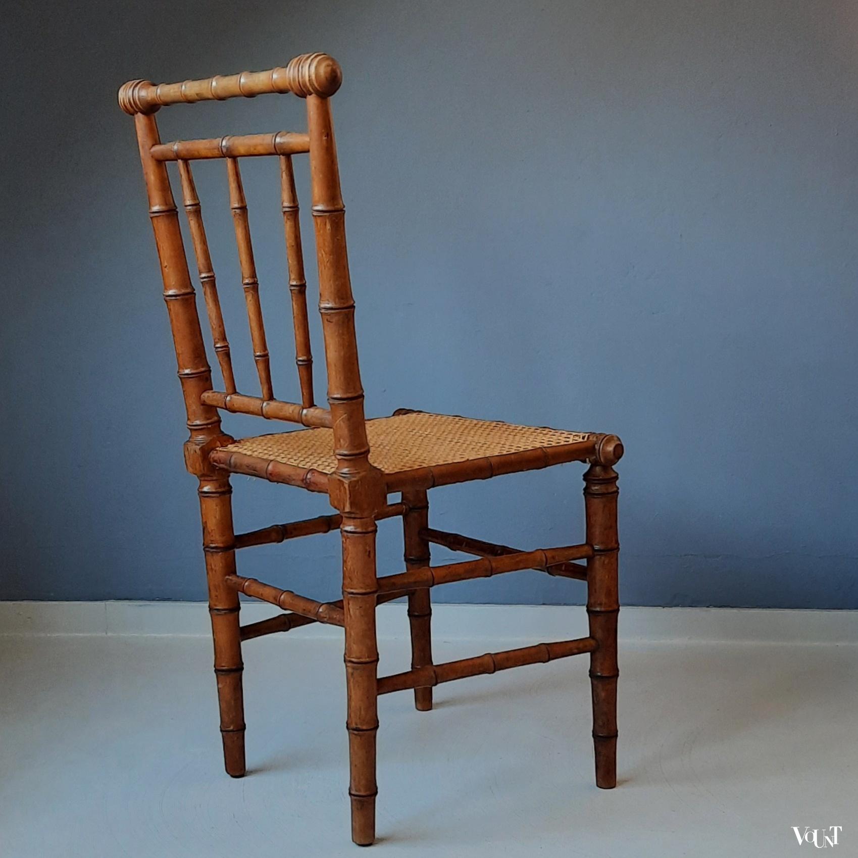 Frans faux bamboo stoeltje met rotan zitting, rond 1900
