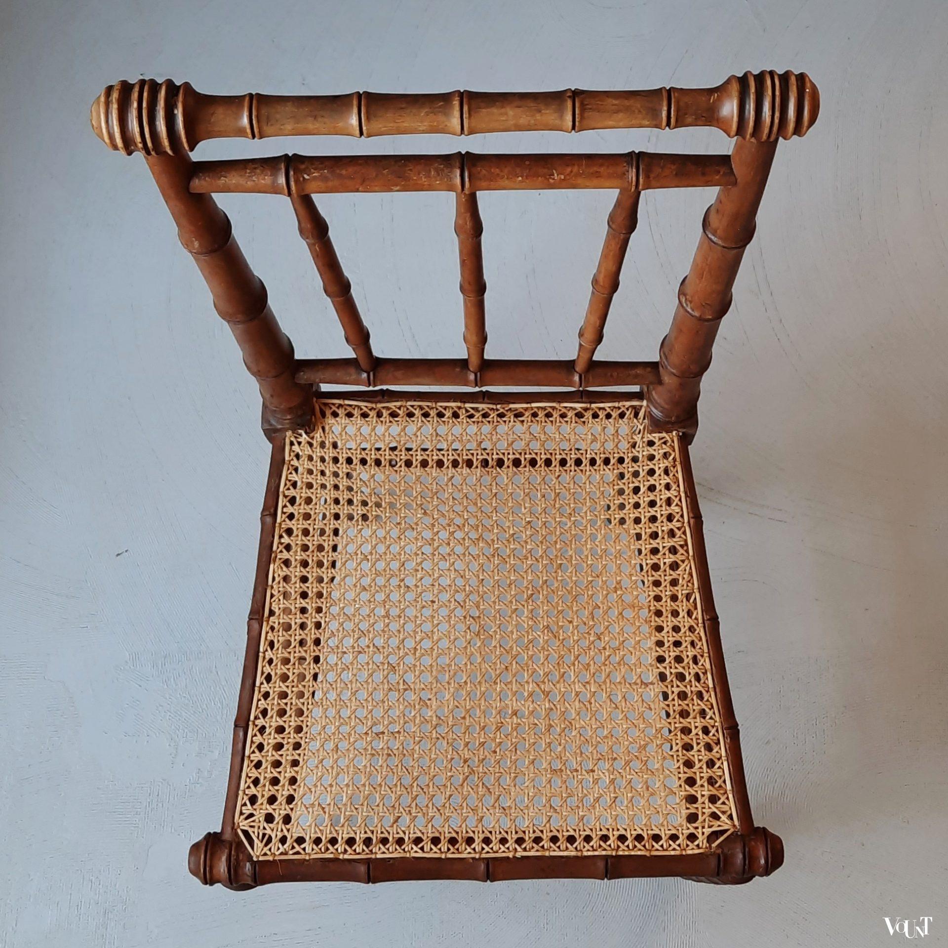 Frans faux bamboo stoeltje met rotan zitting, rond 1900
