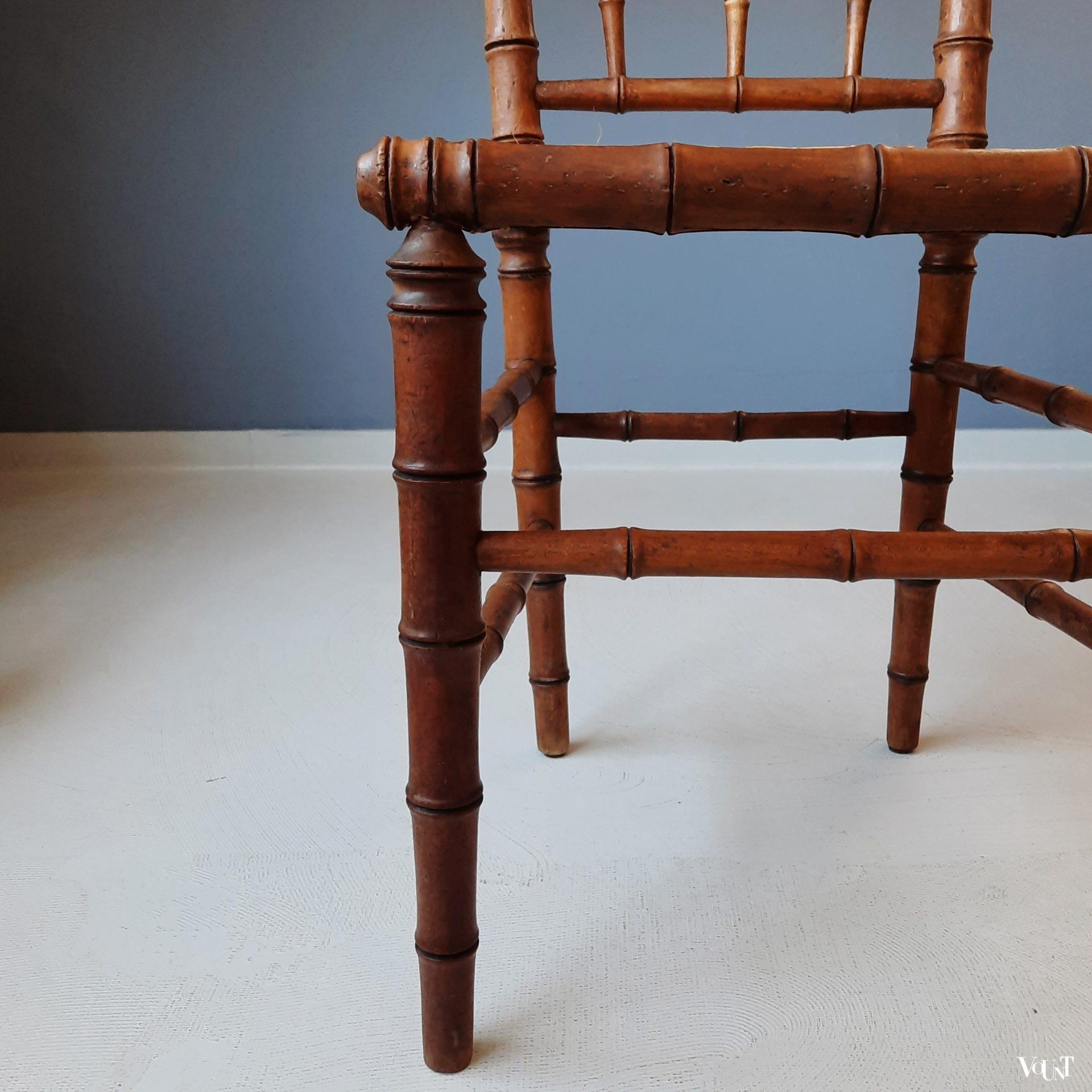 Frans faux bamboo stoeltje met rotan zitting, rond 1900