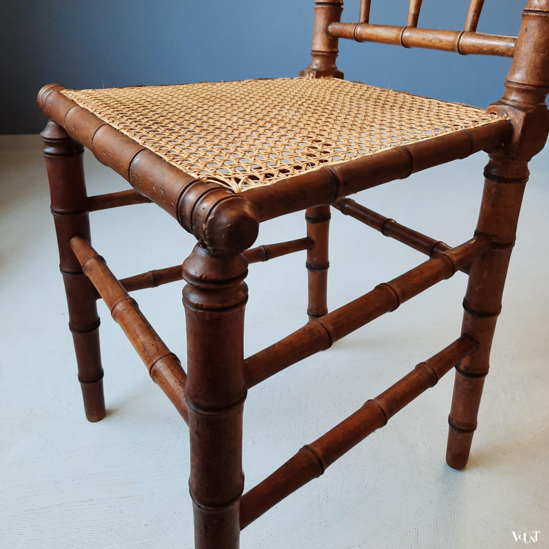 Frans faux bamboo stoeltje met rotan zitting, rond 1900