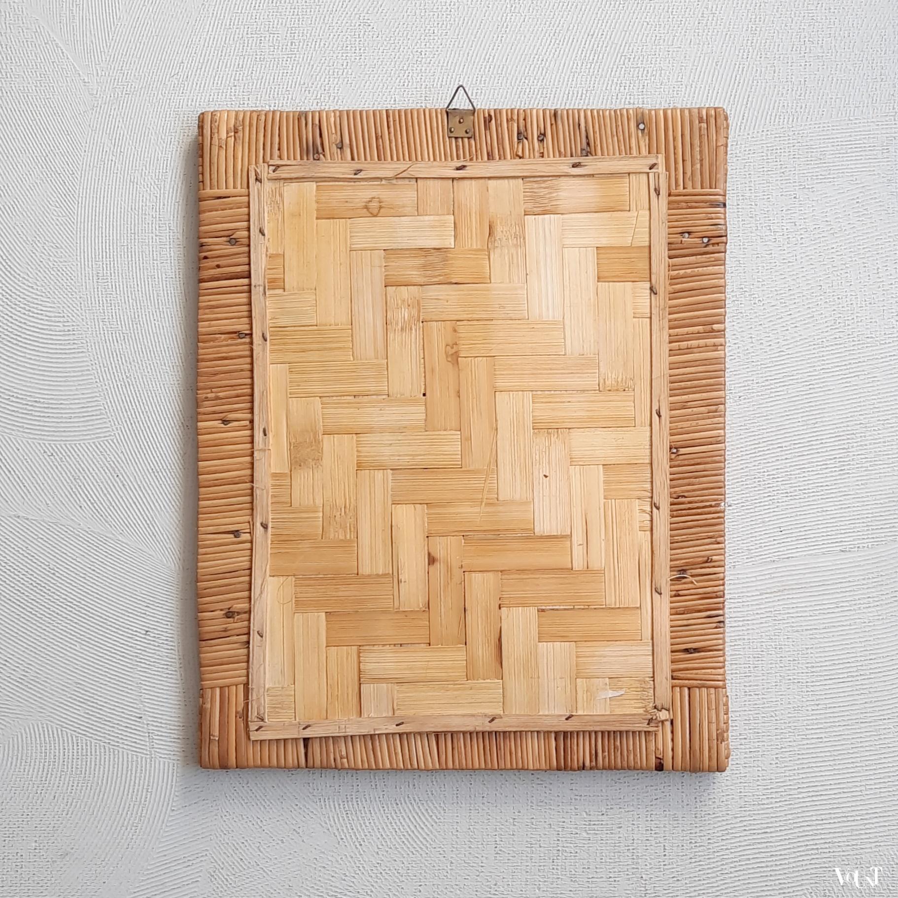 Vintage wandspiegel met geweven rotan rand, jaren '70