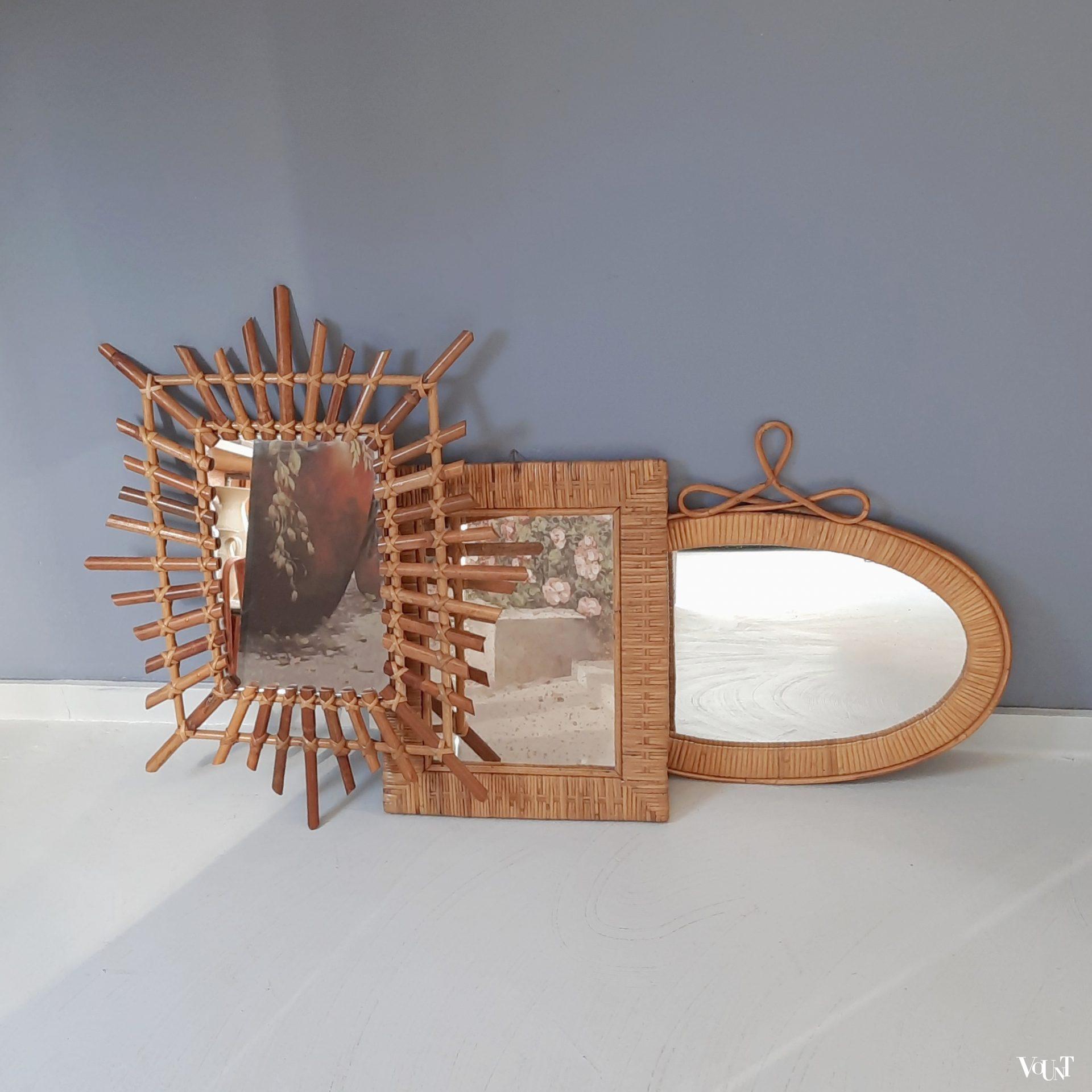 Vintage wandspiegel met geweven rotan rand, jaren '70