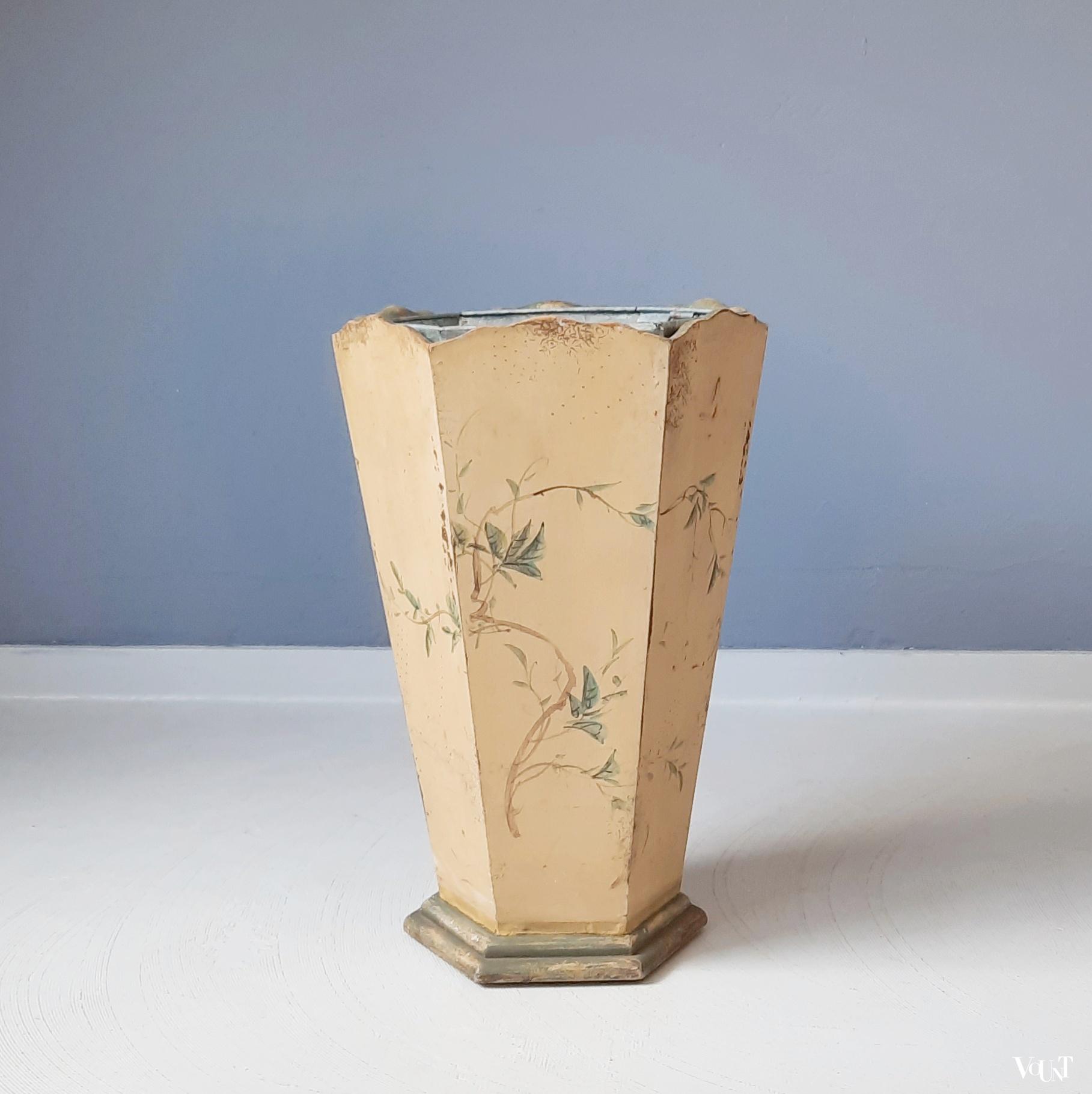 Houten paraplubak met floraal decor, jaren '50/'60