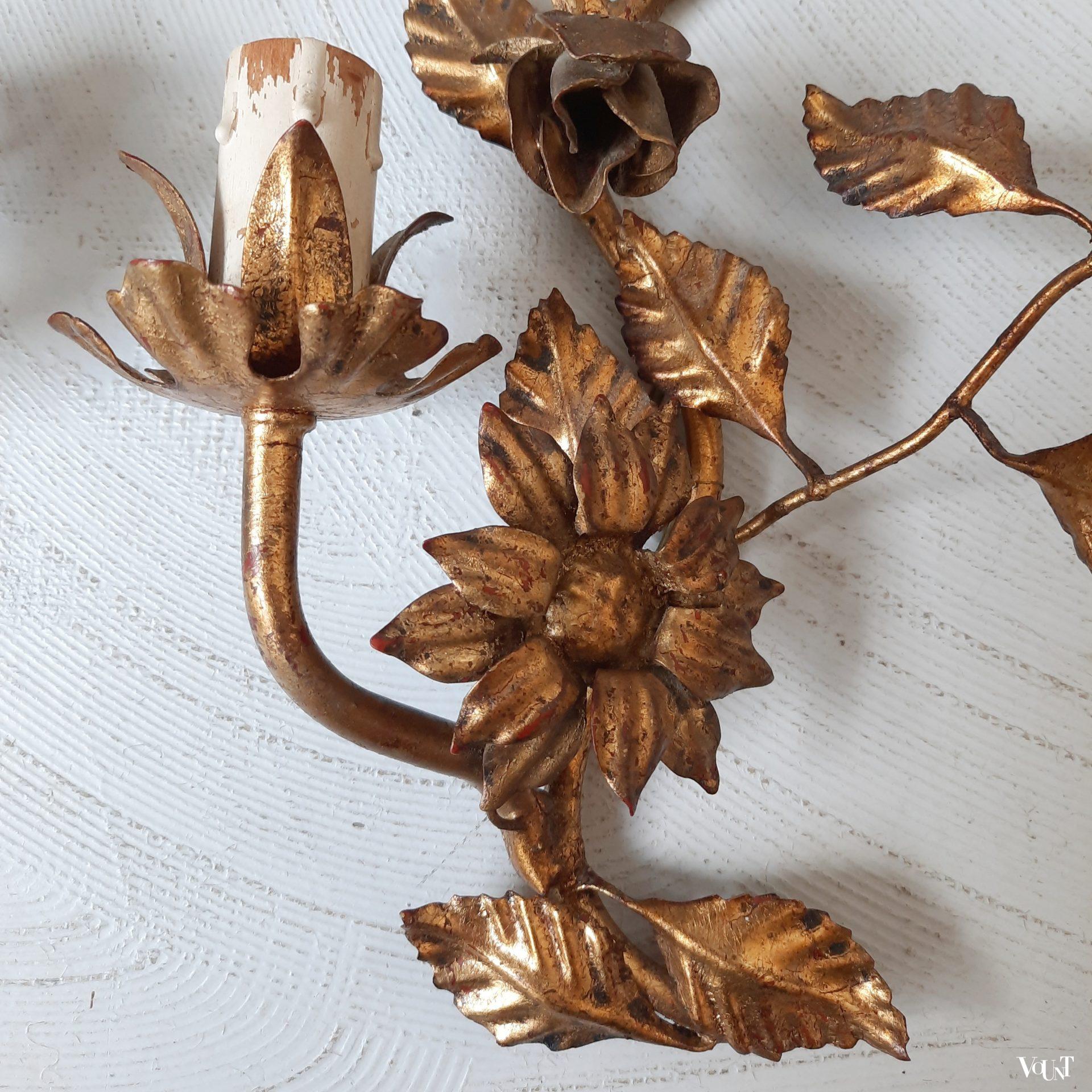 Set van 2 goudkleurige wandlampjes bladeren en bloemen, jaren '50/'60