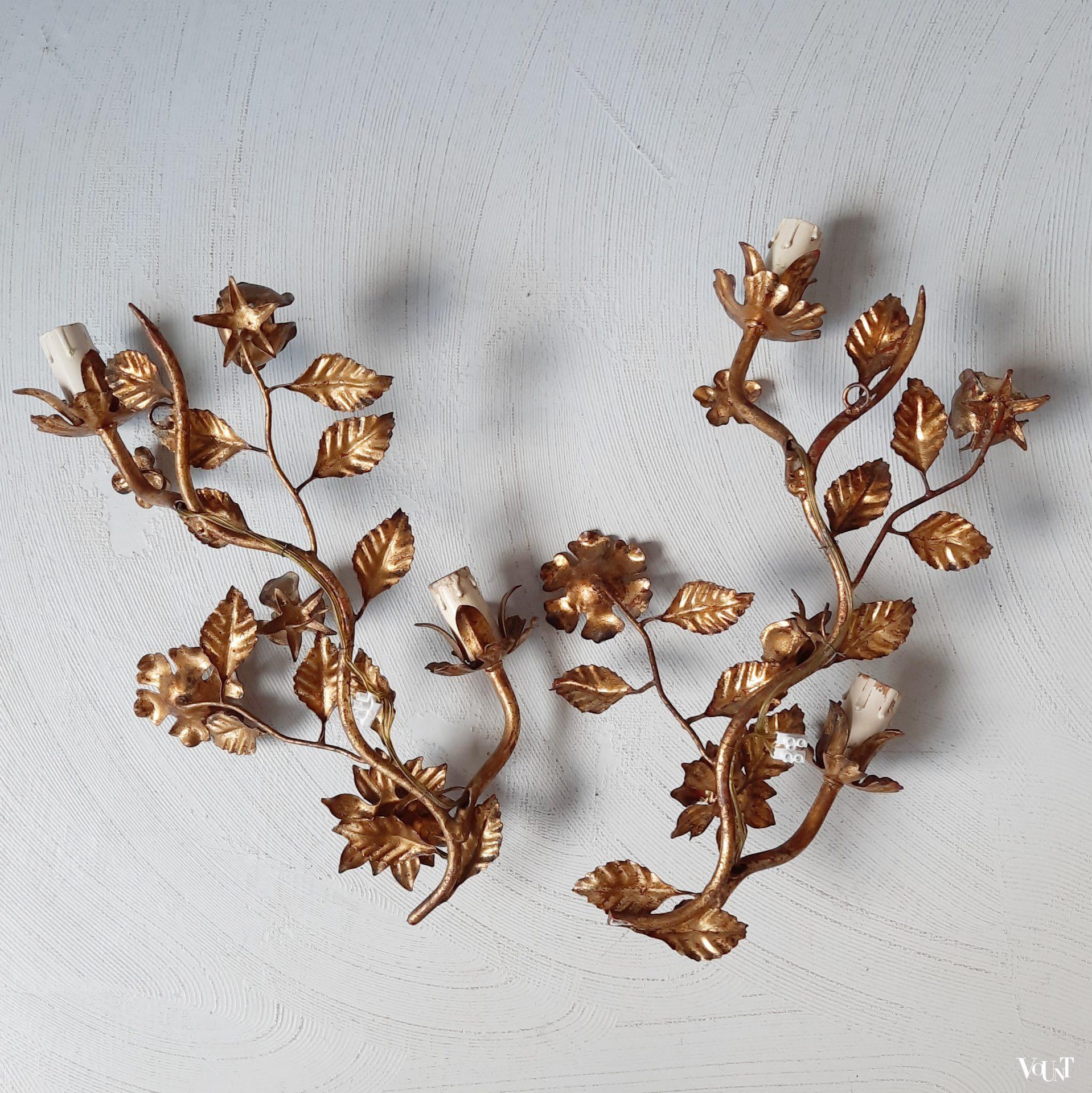 Set van 2 goudkleurige wandlampjes bladeren en bloemen, jaren '50/'60