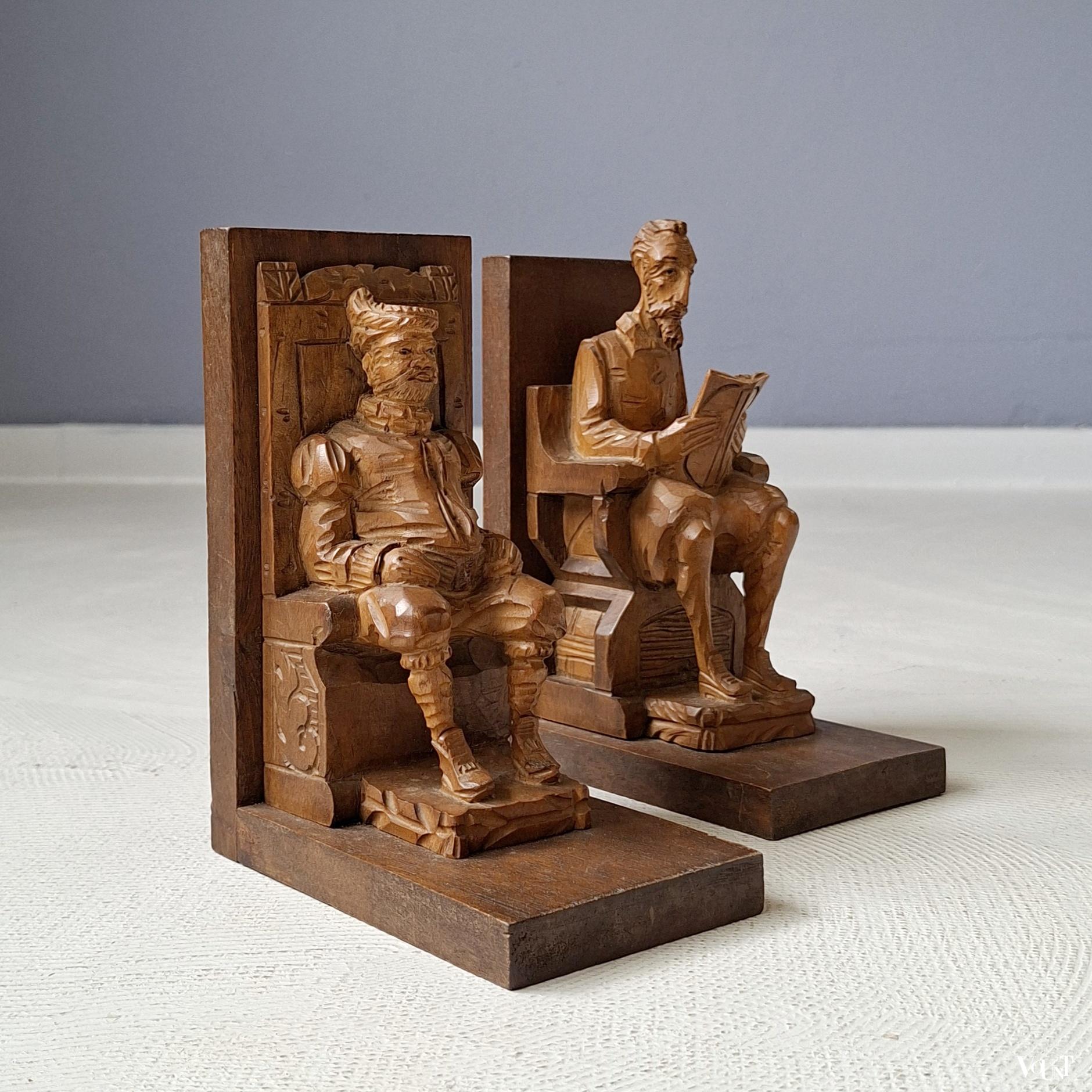 Houten boekensteunen Don Quichot en Sancho Panza, Spanje, jaren '60/'70