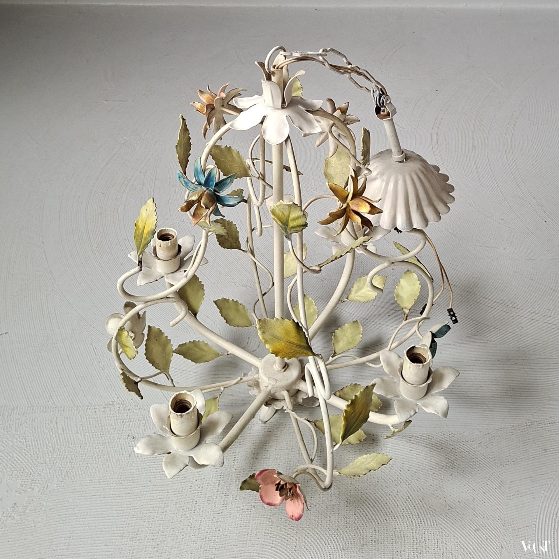 Franse metalen hanglamp bloemen, jaren '60