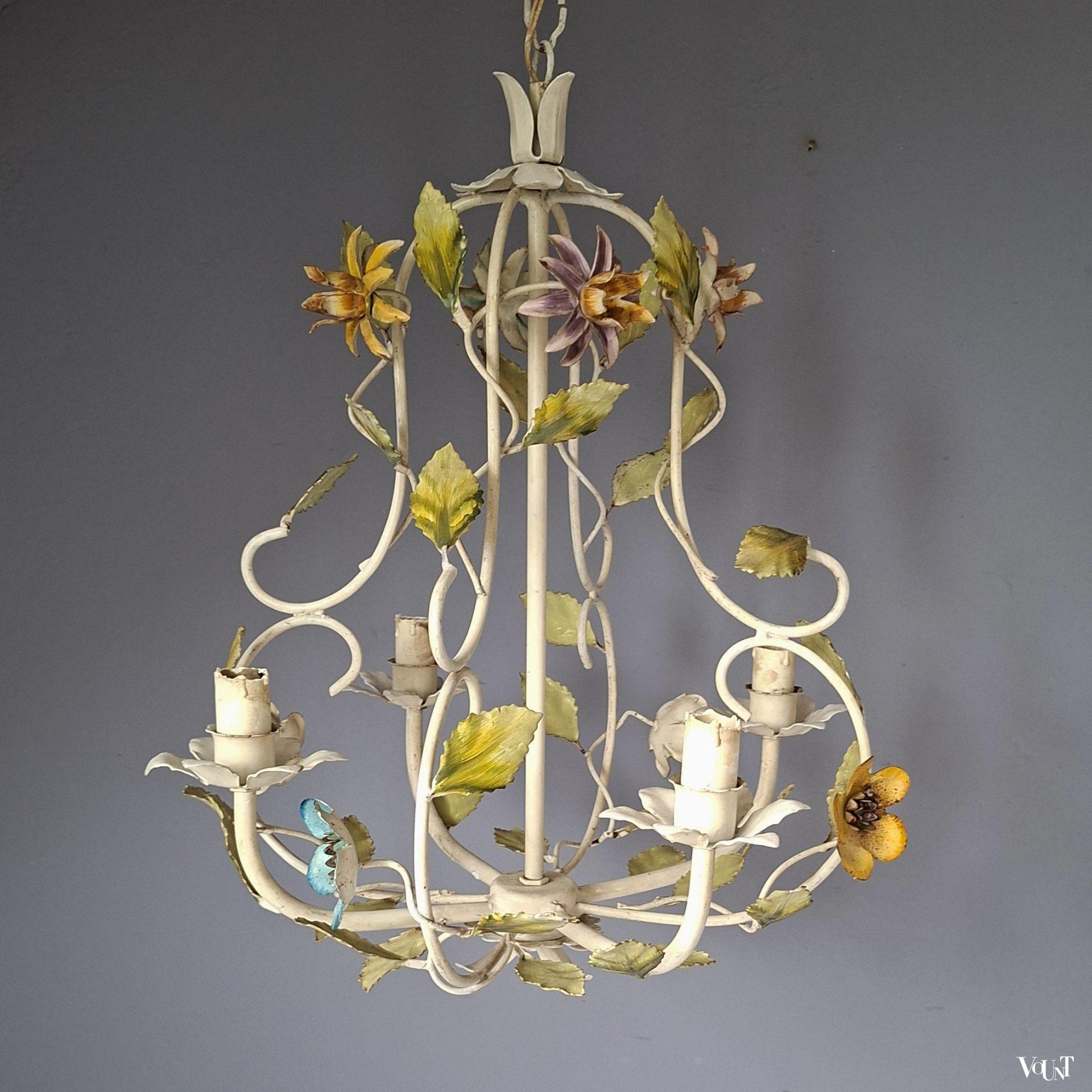 Franse metalen hanglamp bloemen, jaren '60