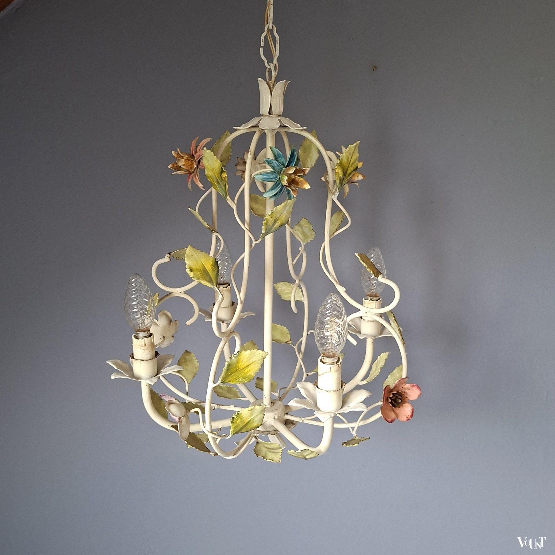 Franse metalen hanglamp bloemen, jaren '60