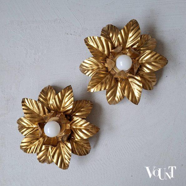 Set van 2 "gouden" wand-/plafondlampen bladeren, jaren '70