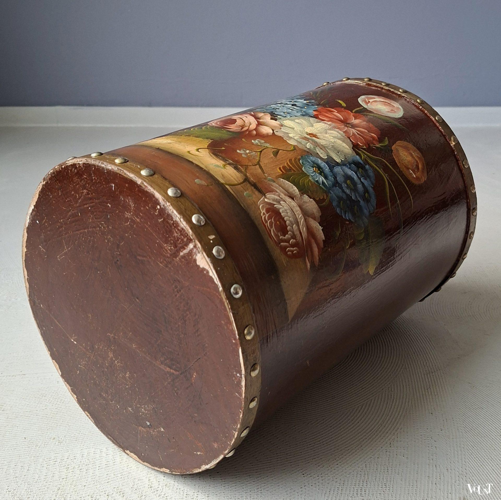 Handbeschilderde plywood prullenbak, jaren '60