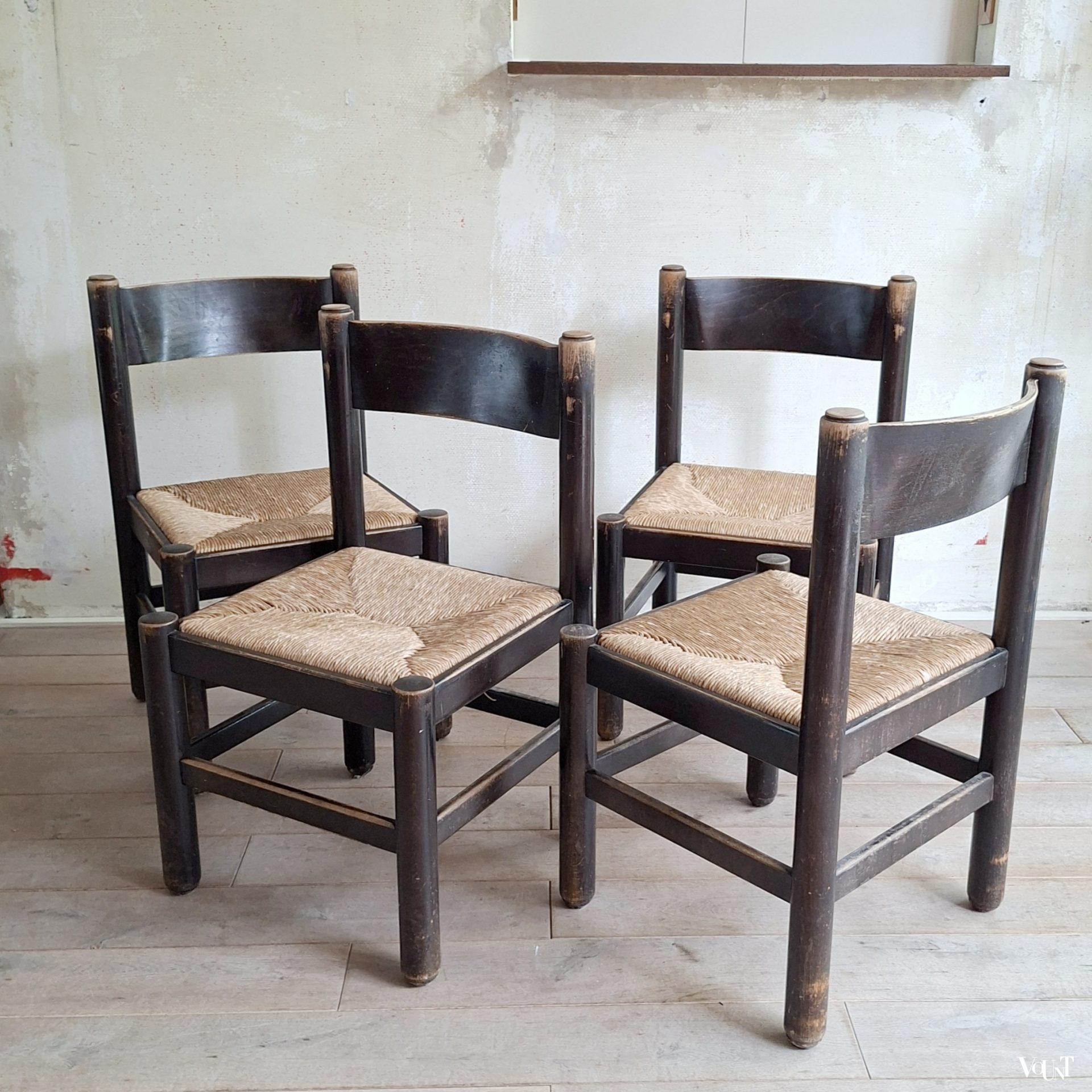 Set van 4 brutalist stoelen met biezen zittingen, jaren '70