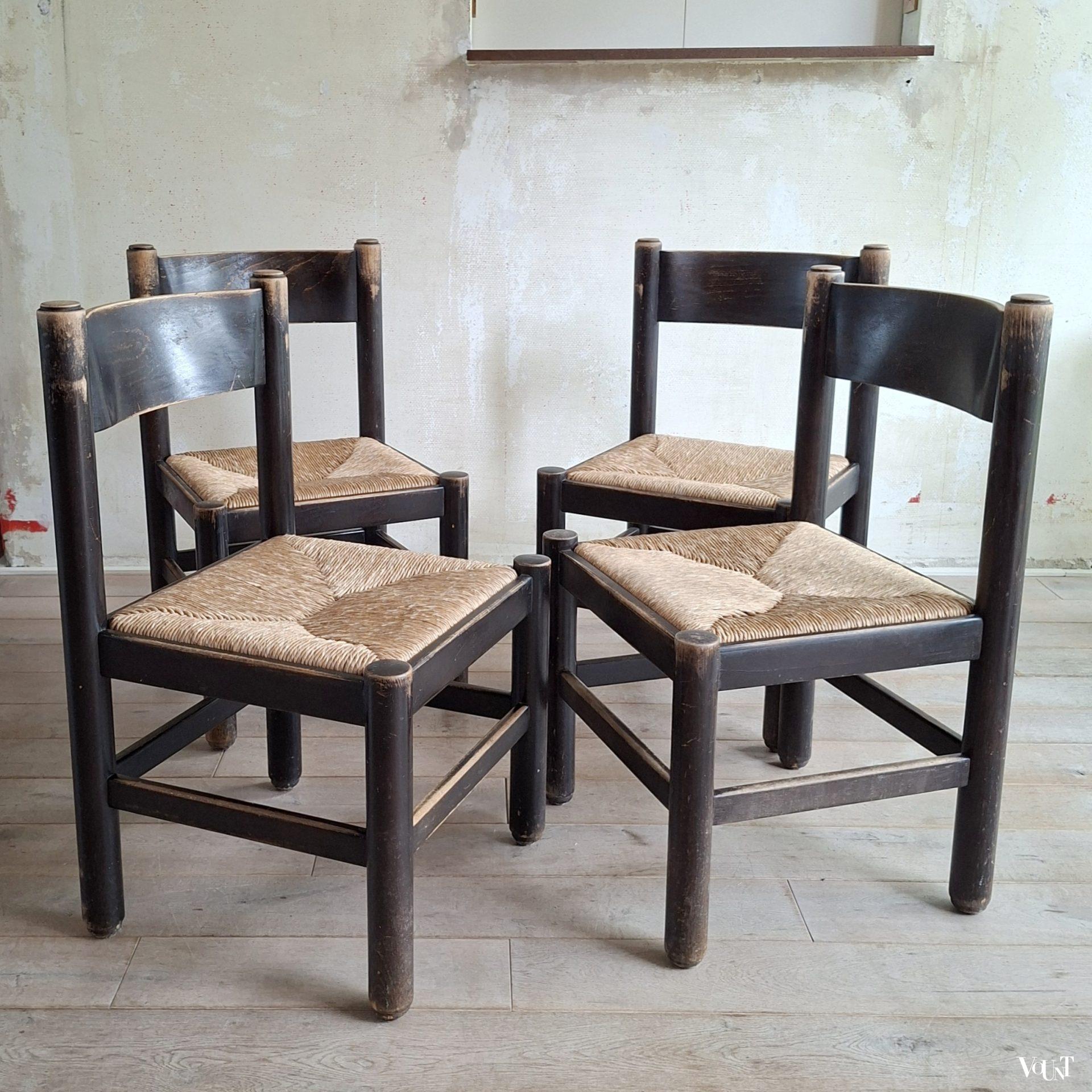 Set van 4 brutalist stoelen met biezen zittingen, jaren '70