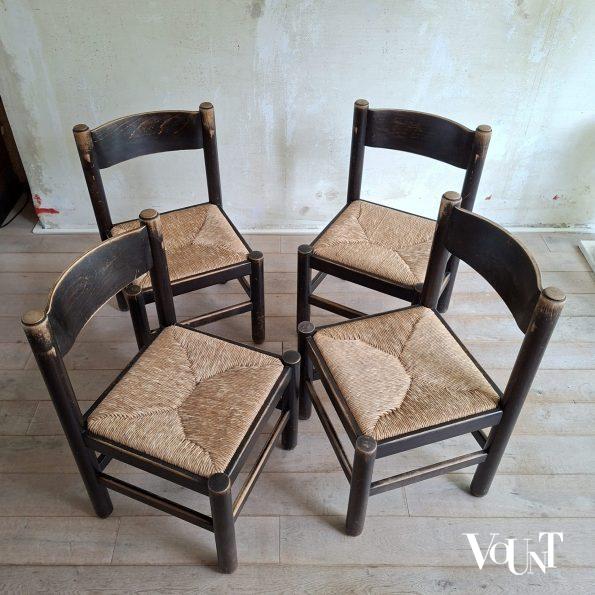 Set van 4 brutalist stoelen met biezen zittingen, jaren '70