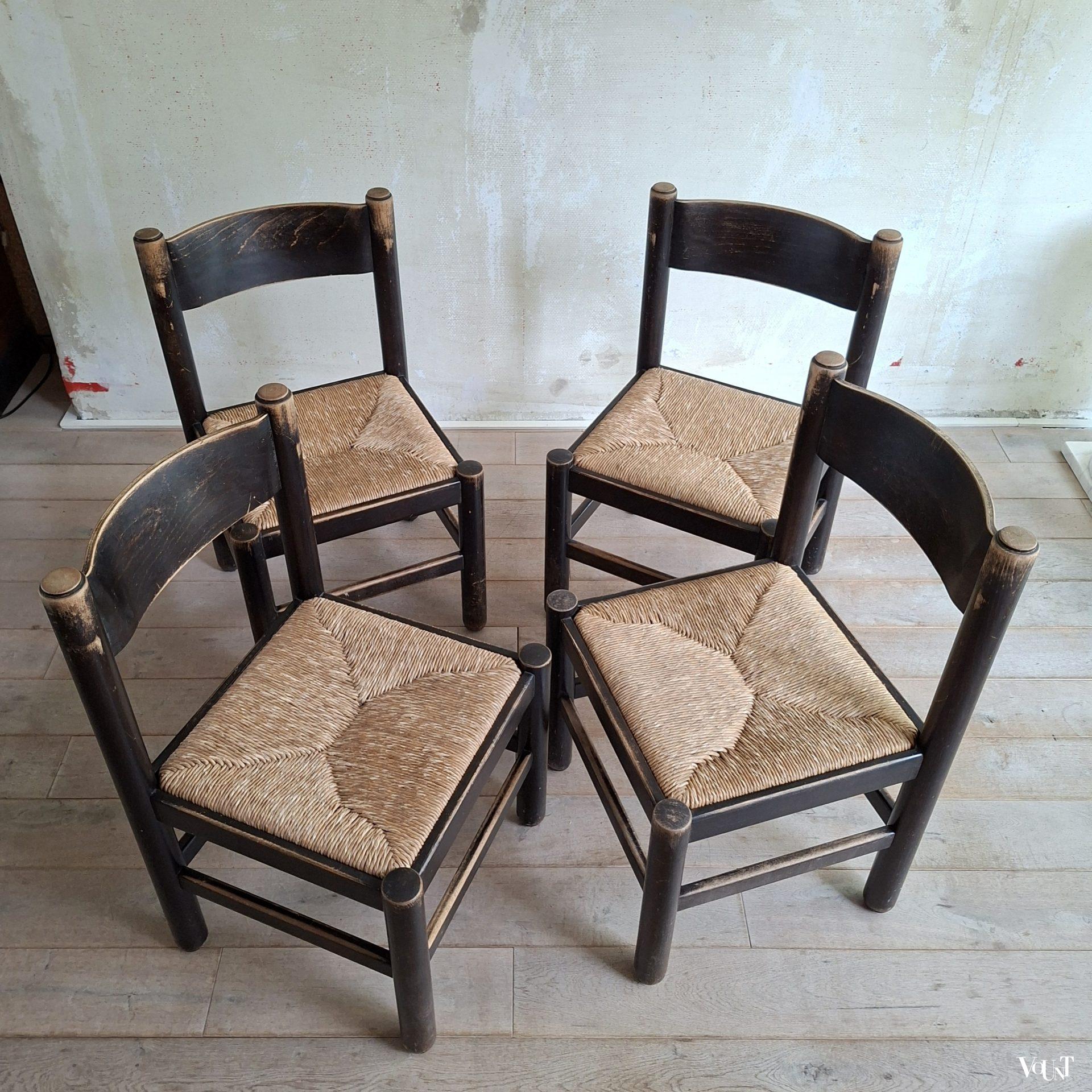 Set van 4 brutalist stoelen met biezen zittingen, jaren '70